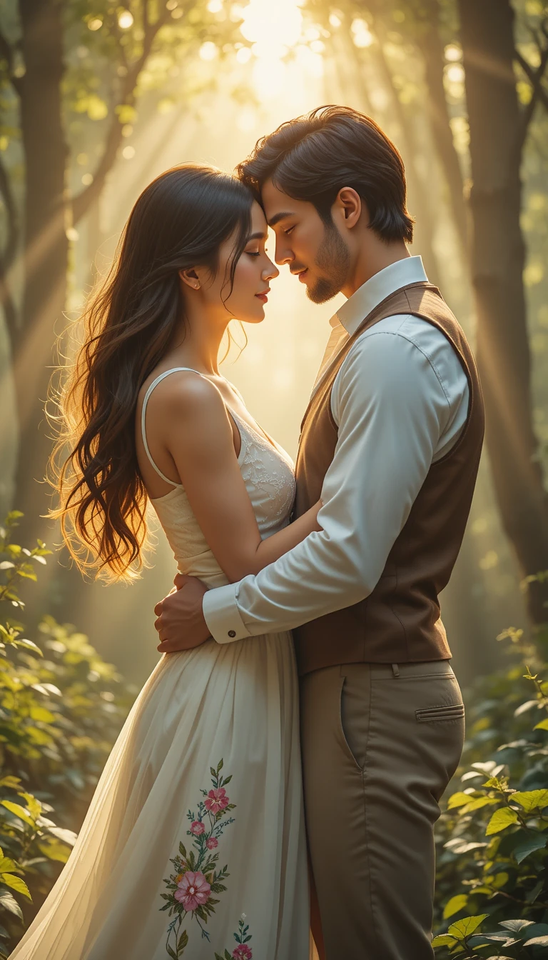 Romantic couple embracing in a glowing enchanted forest