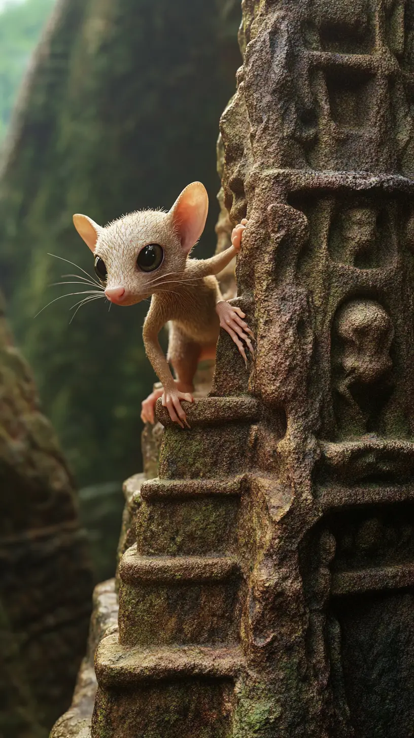 Alien creature climbing a colossal jungle termite temple