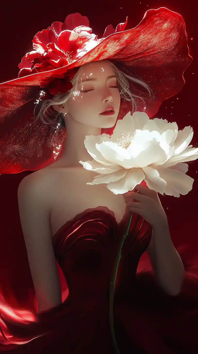 Elegant woman in red gown with glowing white peonies