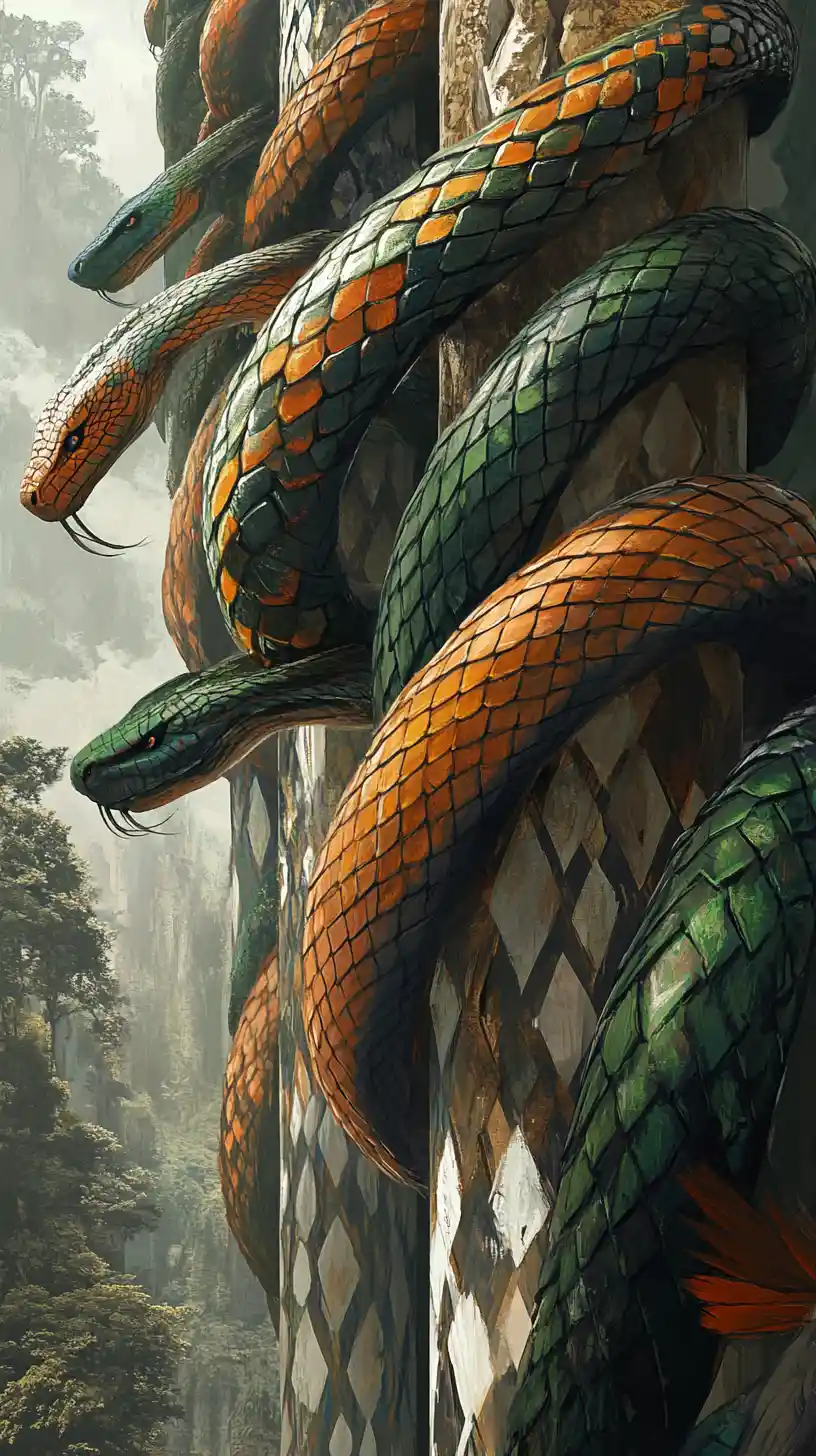 Colonne d’Acciaio Intrecciate con Serpenti Piumati e Colorati