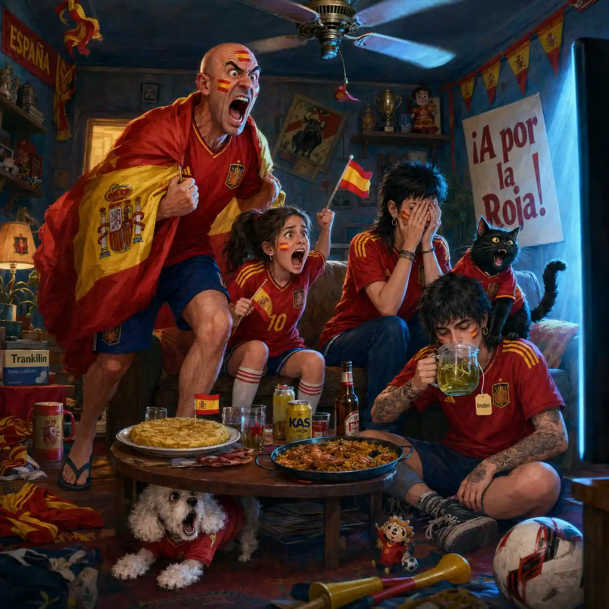 Spanish family watching football match in decorated living room