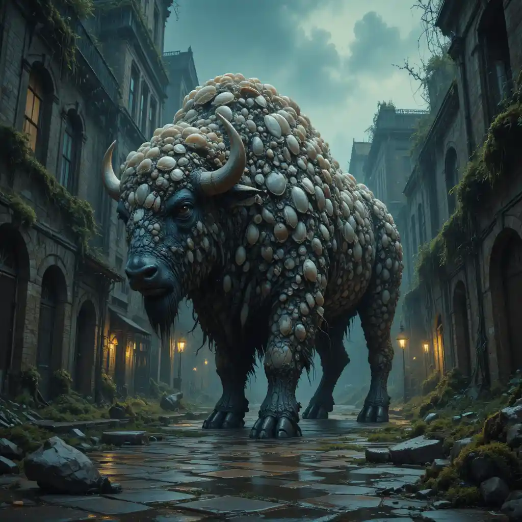 Colossal Shell Bison In A Ruined Moss Covered Cityscape