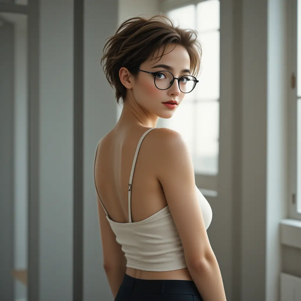 Confident woman in glasses posing in minimalist interior