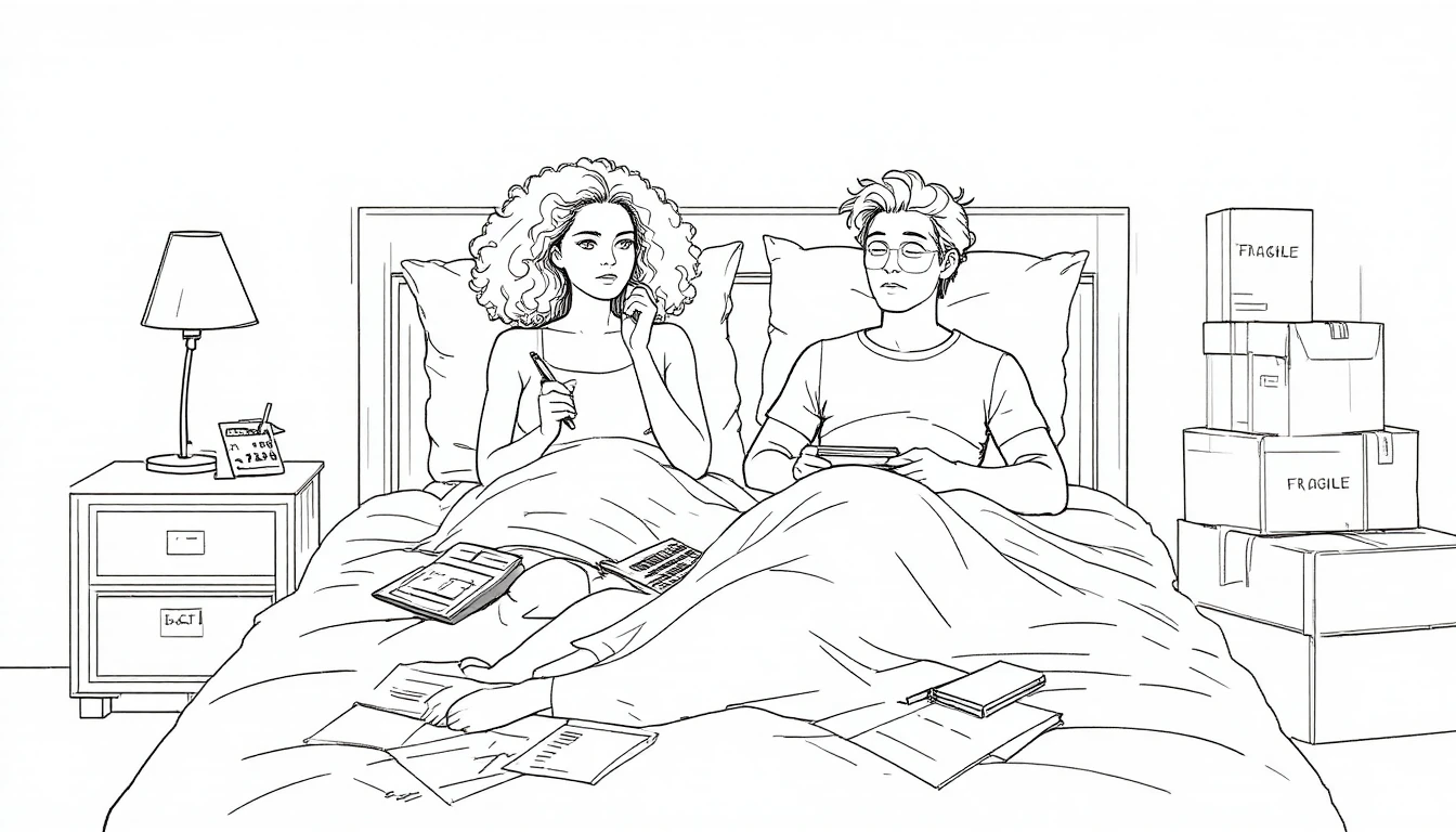 Minimalist couple in bed with boxes and paperwork
