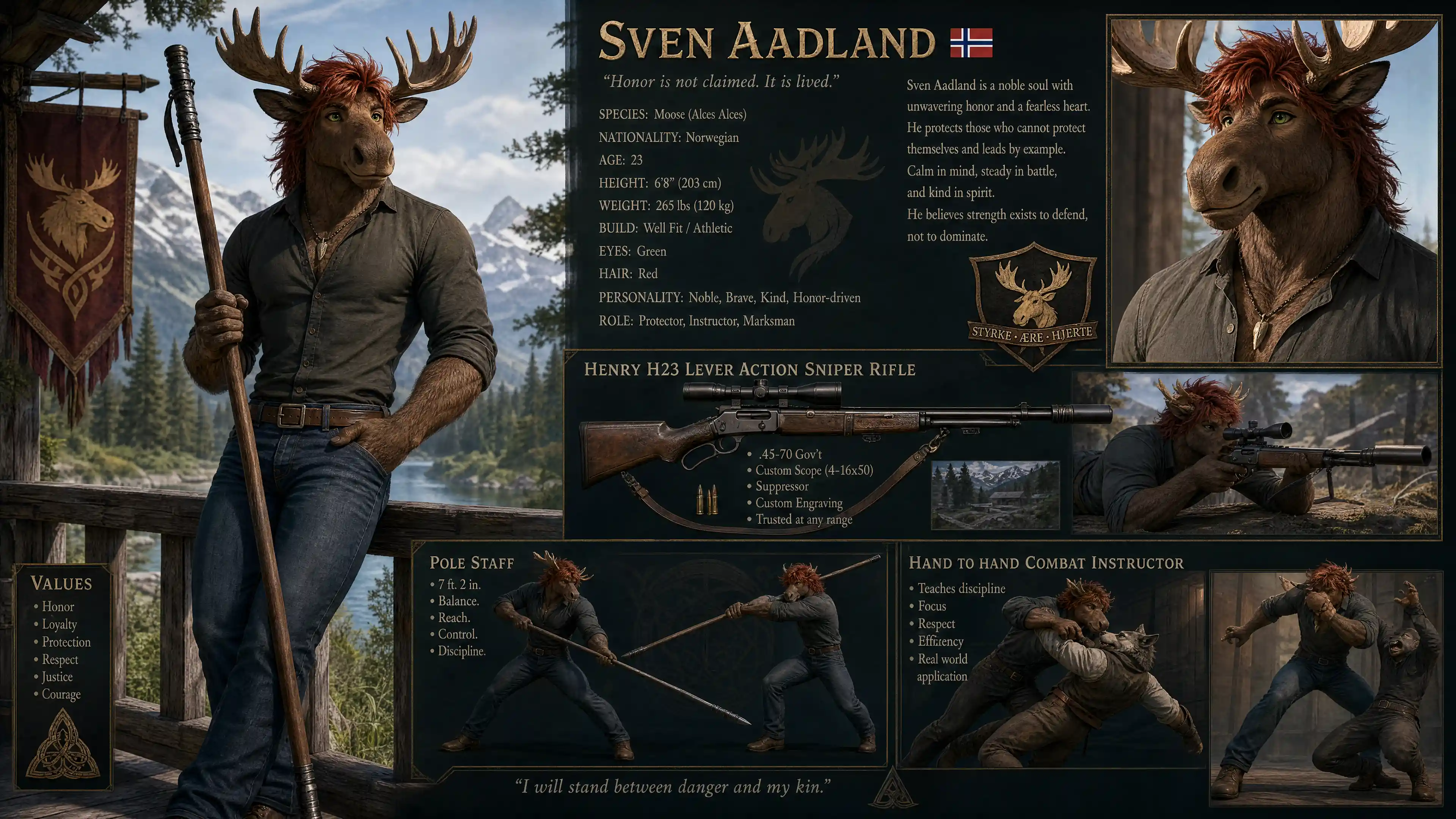 Heroic anthro moose warrior with rifle and pole staff