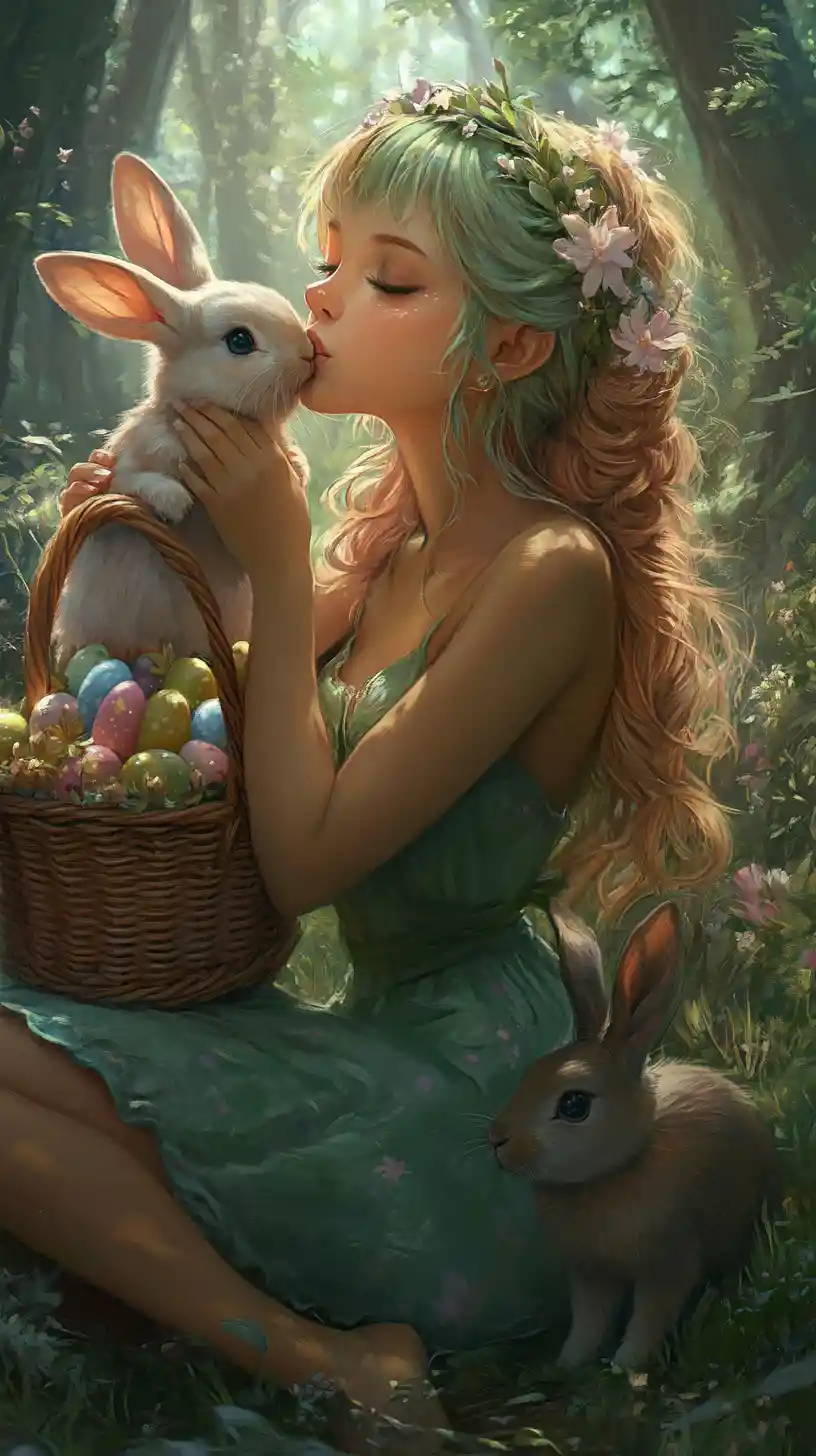 Woman kissing a rabbit in a dreamy forest scene