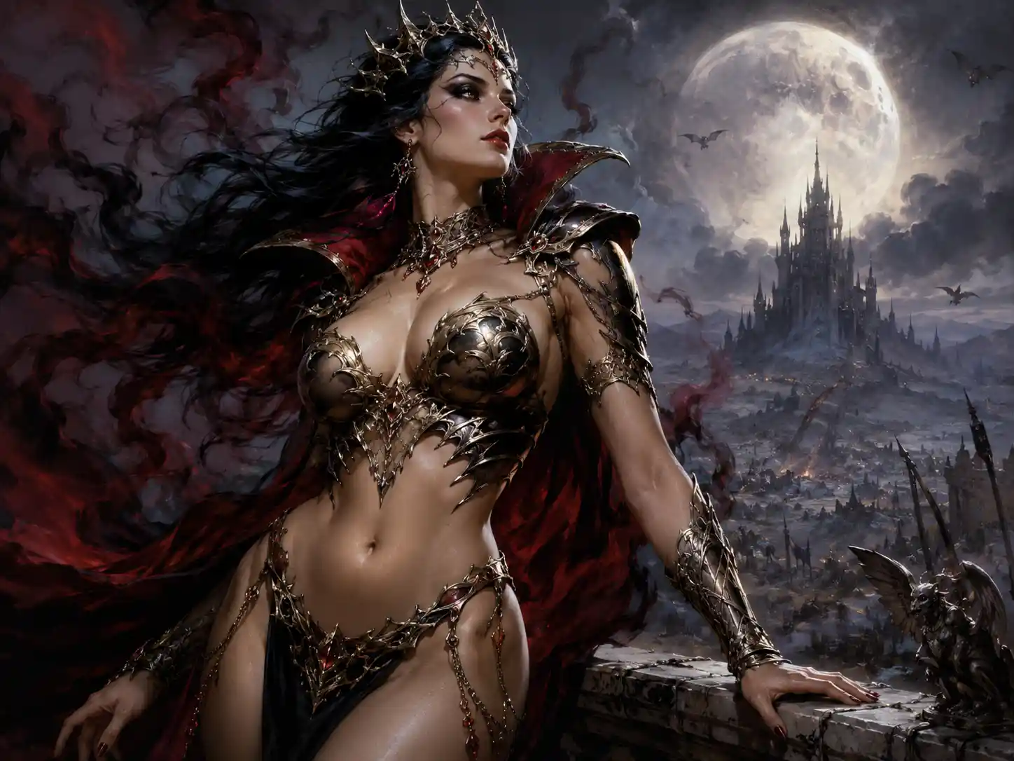 Vampire empress on a cliff over moonlit ruined battlefield