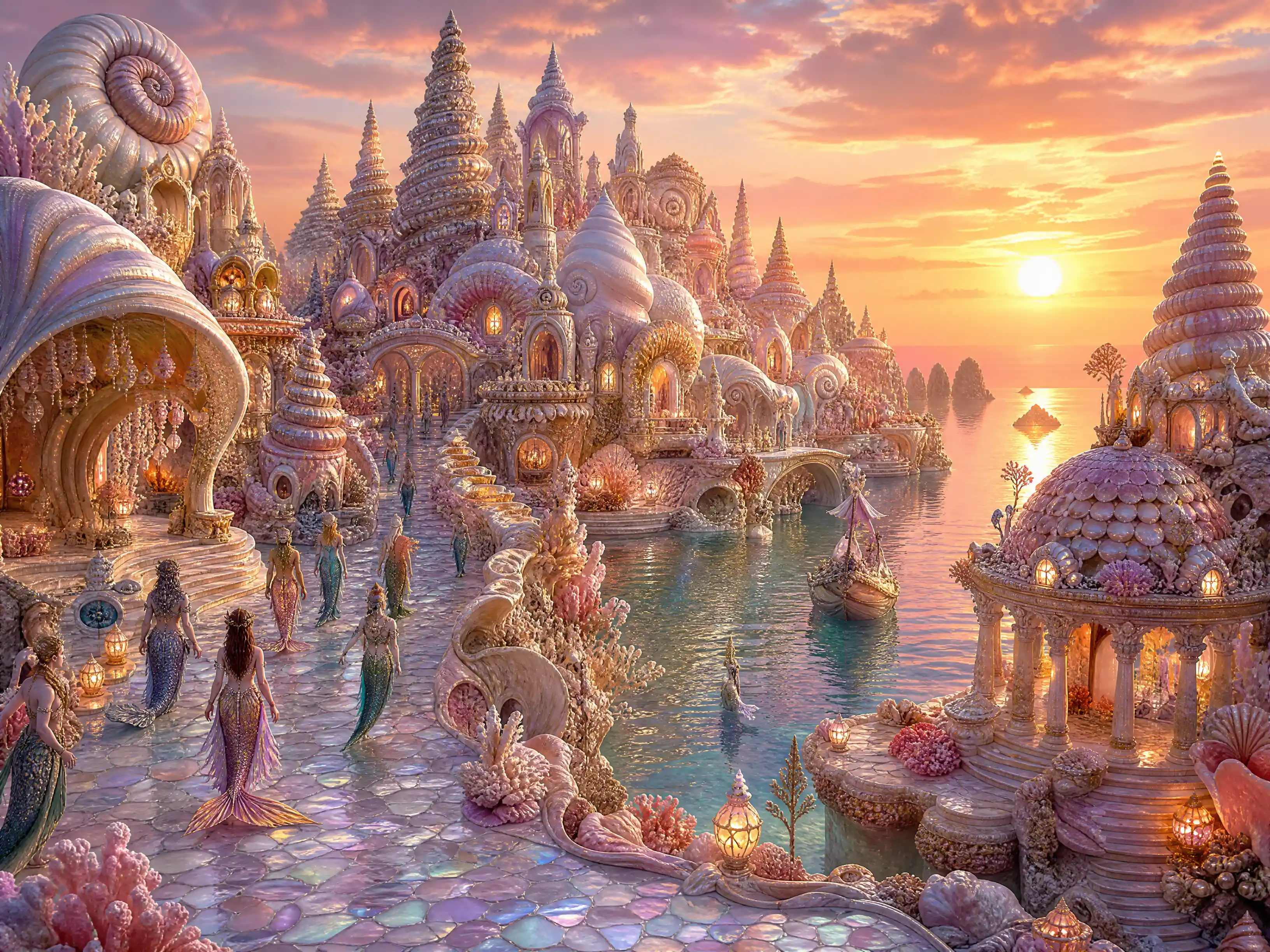 Fantastical seashell city glowing in the warm sunset