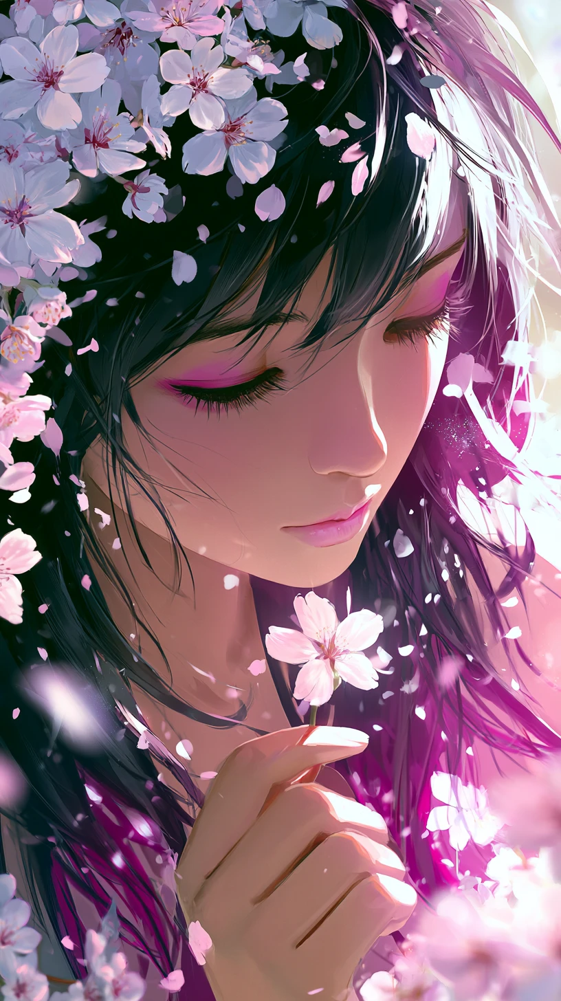 Anime girl with cherry blossoms in a dreamy garden