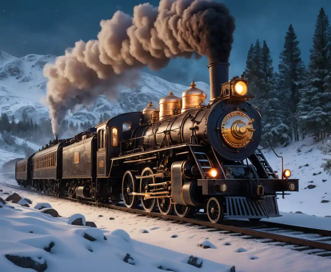 Victorian steam train racing through snowy mountain pass at dusk