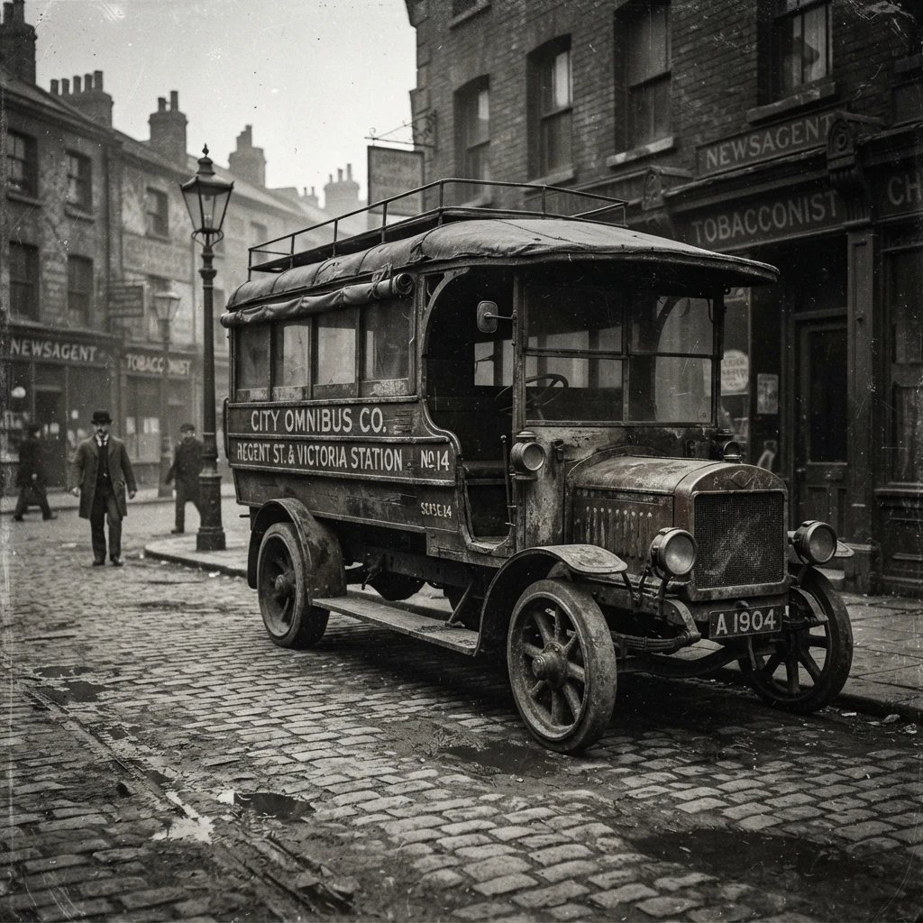 Weathered early 1900s bus on a faded city street
