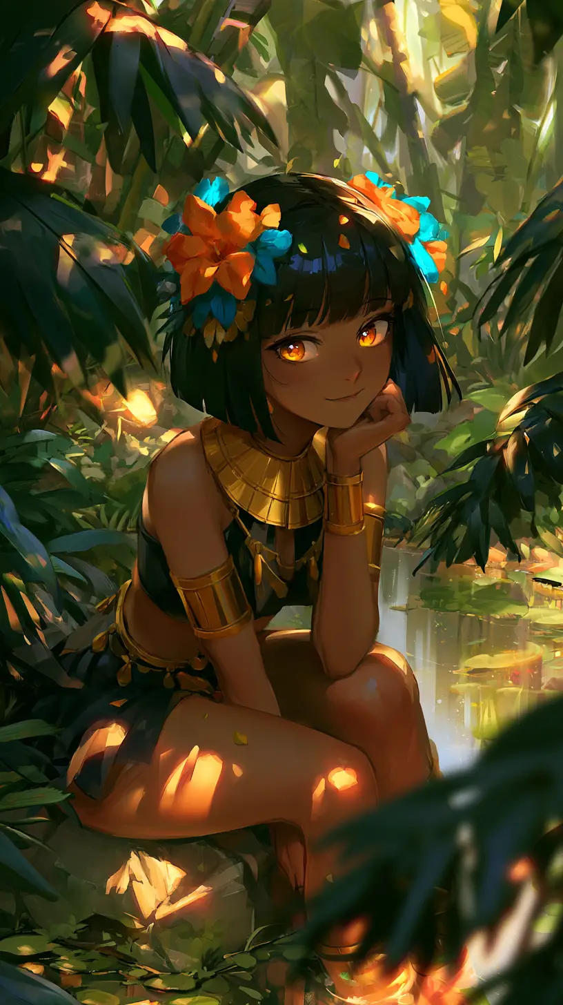 Anime jungle girl by a pond in golden sunlight