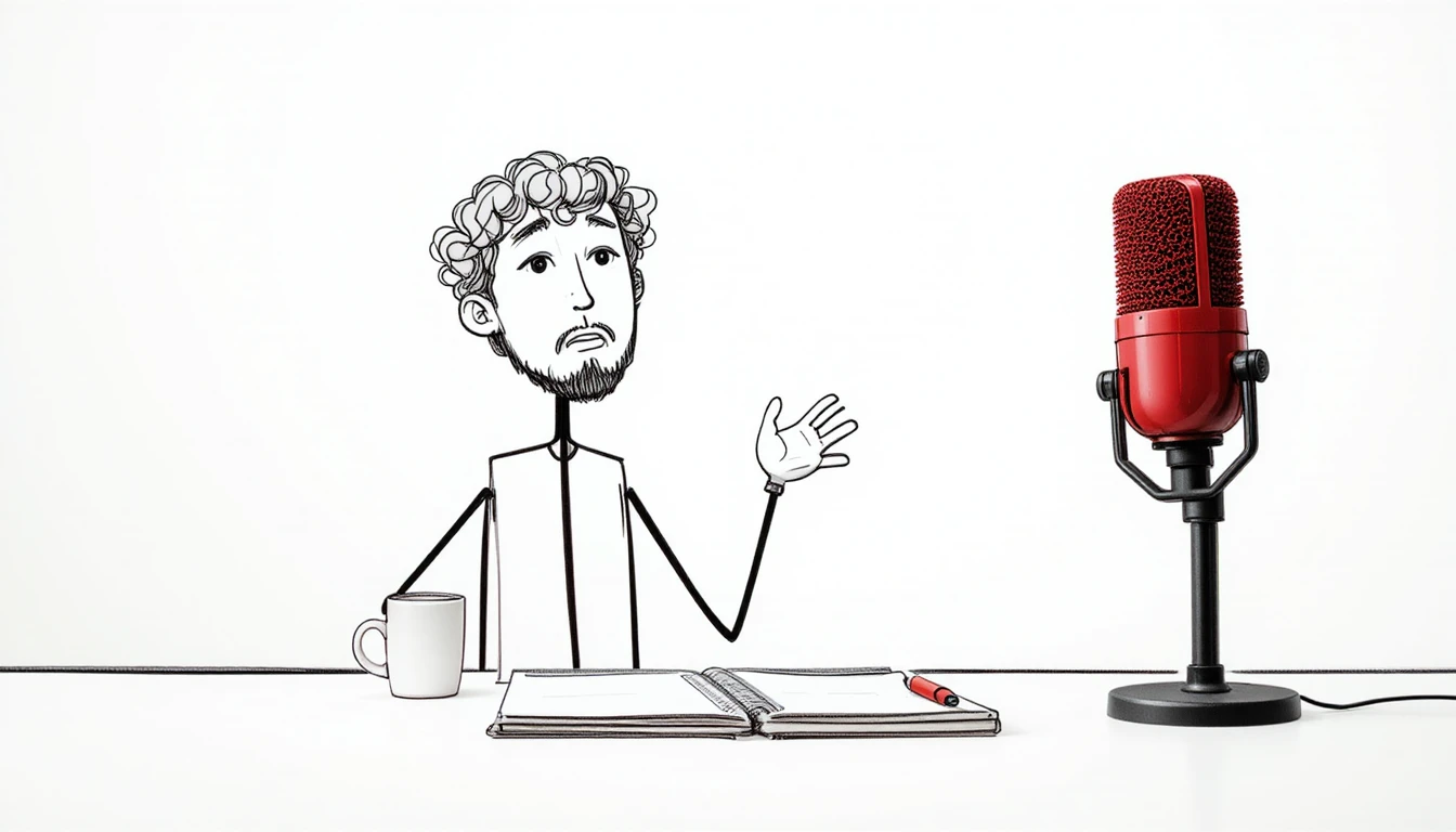 Stick figure at a table speaking into a red microphone