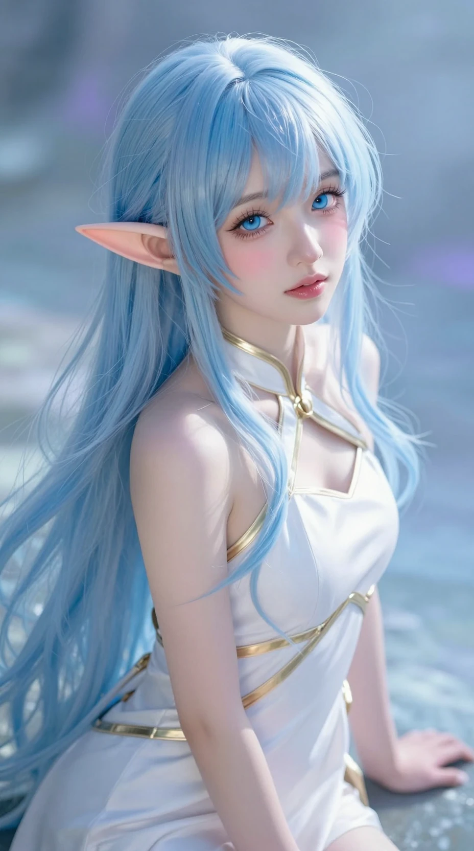 Serene elf girl with flowing blue hair in white outfit