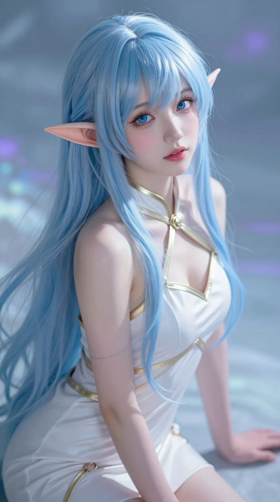 Elegant elf girl with flowing blue hair in soft light