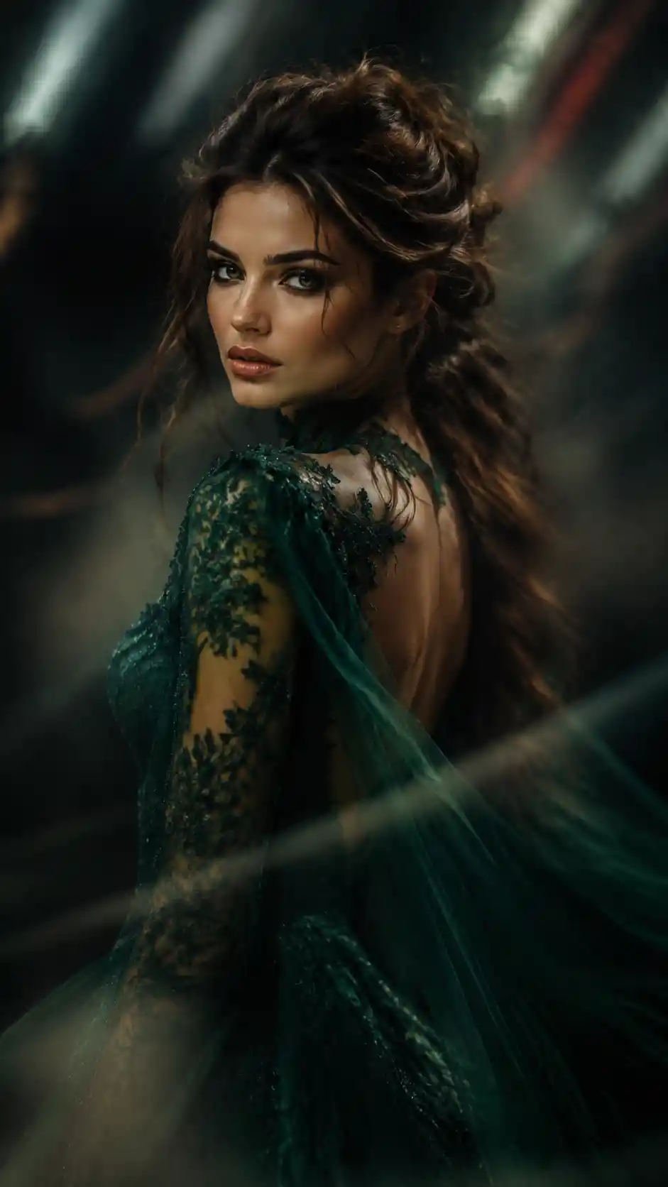 Elegant woman in emerald gown against dramatic dark backdrop