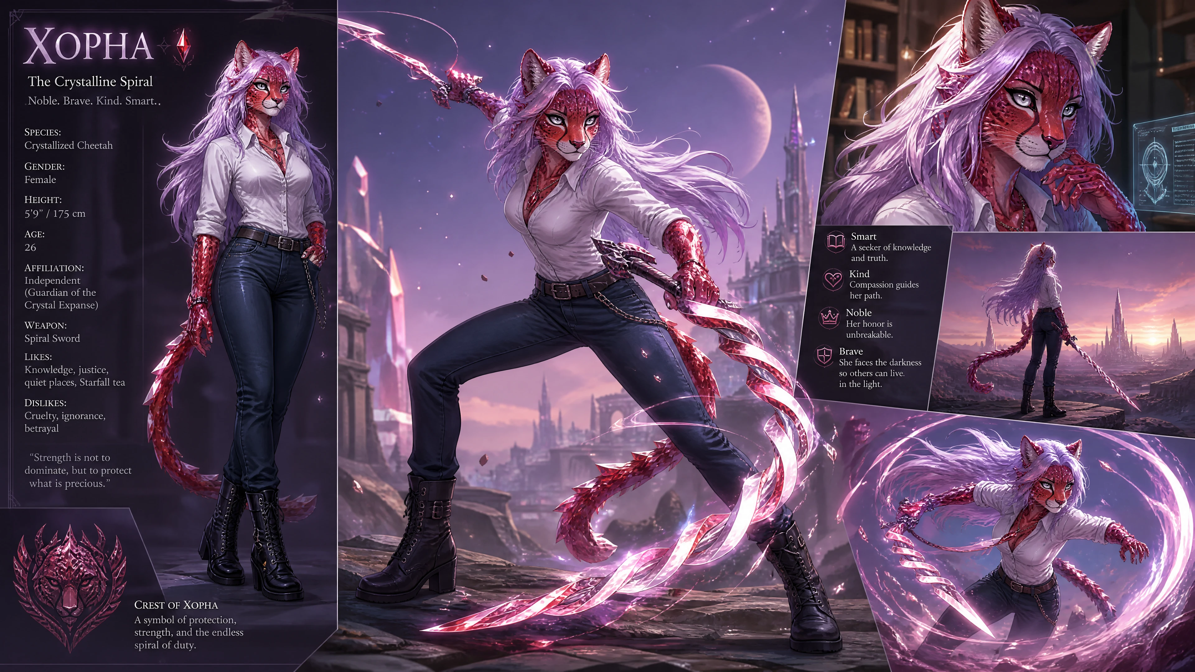 Red crystal cheetah woman with long white violet hair