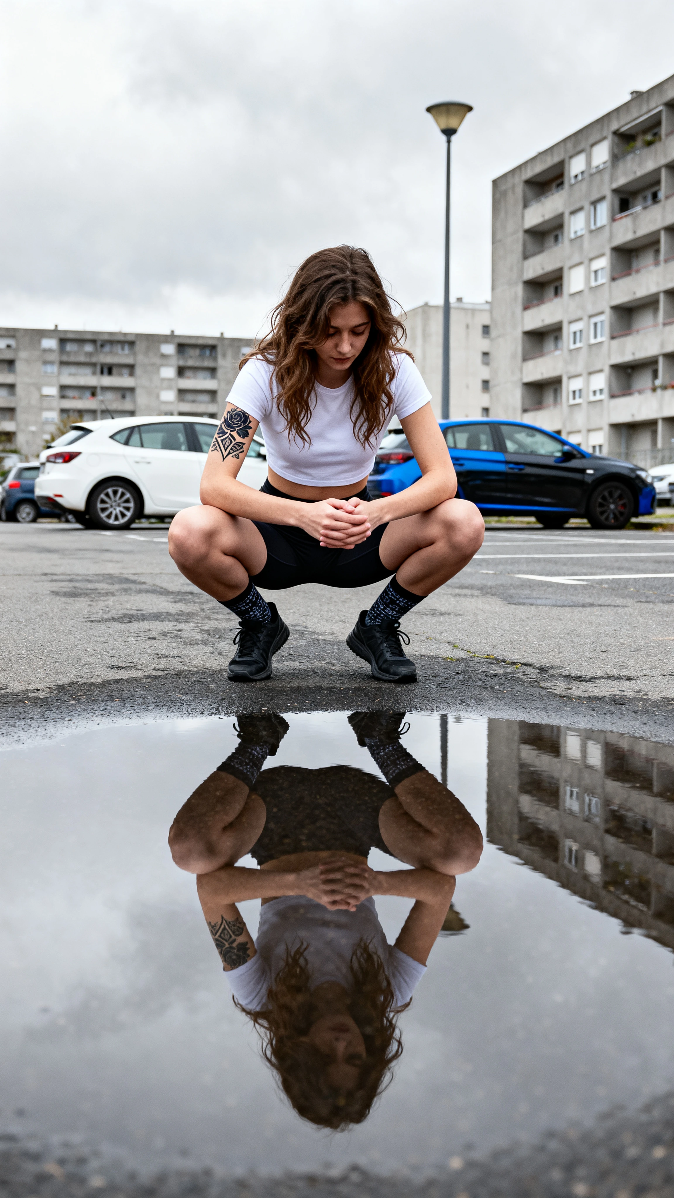 Young urban woman squatting by a reflective puddle