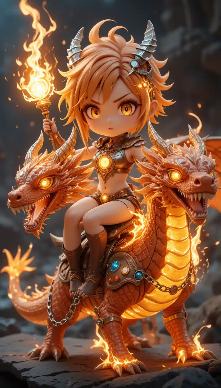 Anime warrior woman riding a glowing fantasy dragon