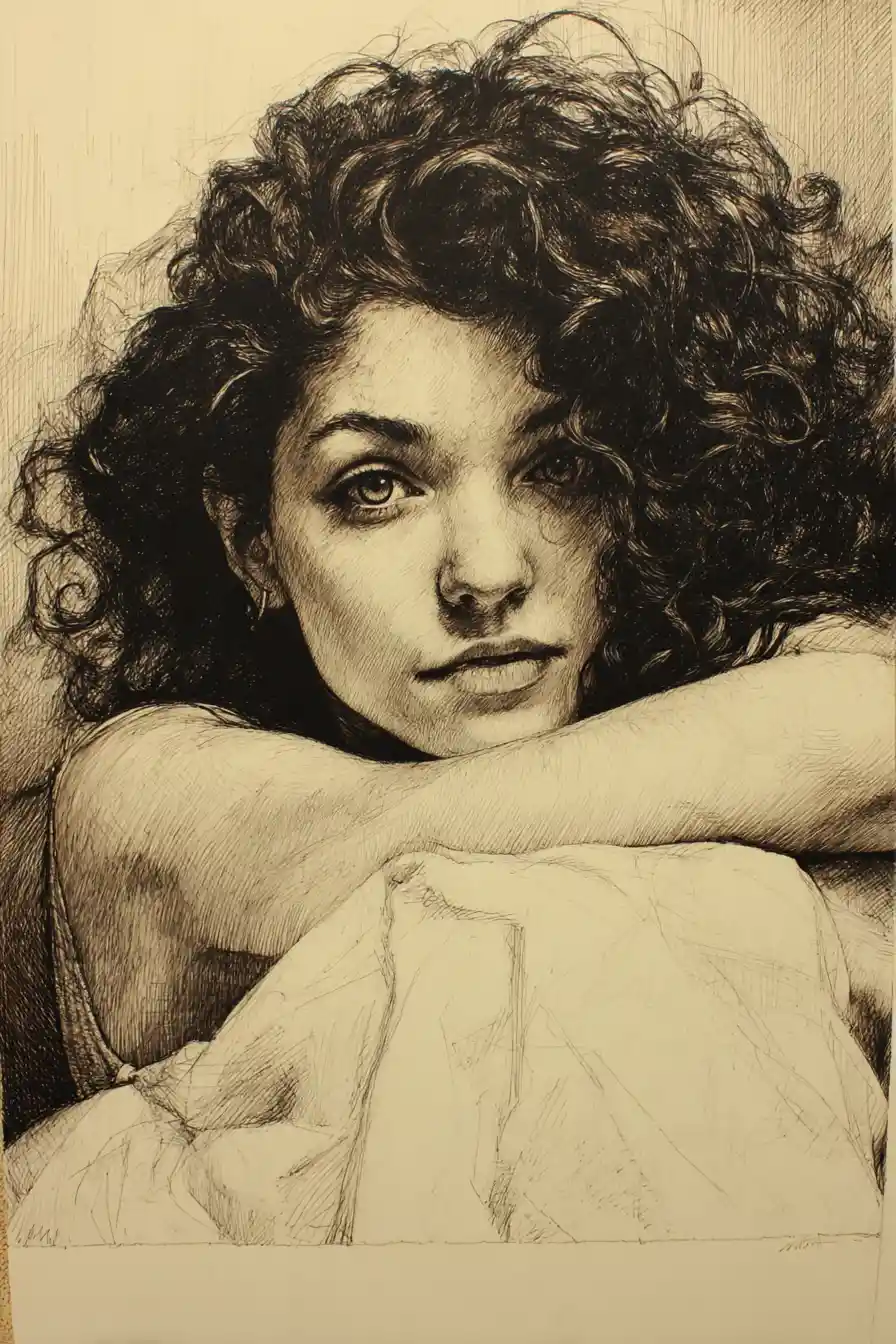 Charcoal portrait of a young woman resting on her arms