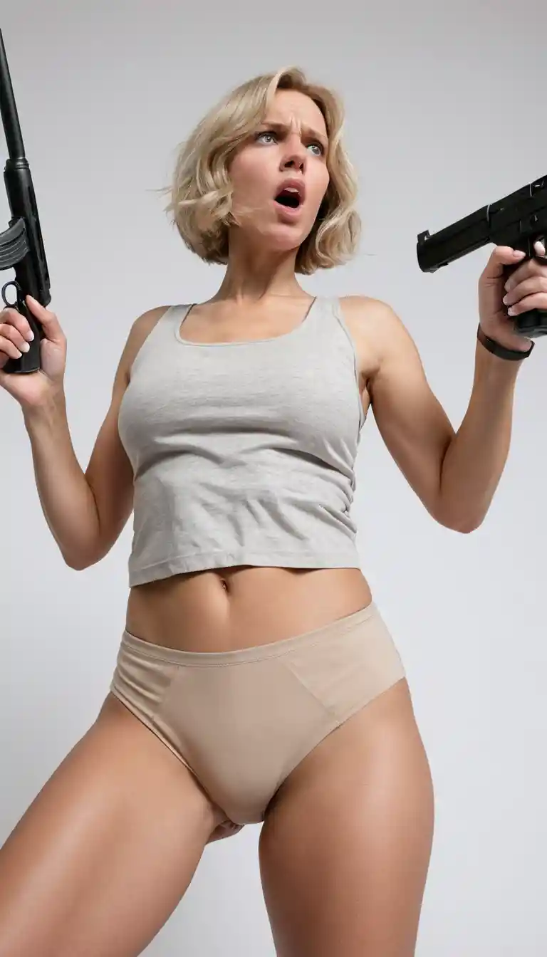 Angry woman aiming an M16 rifle from a low angle