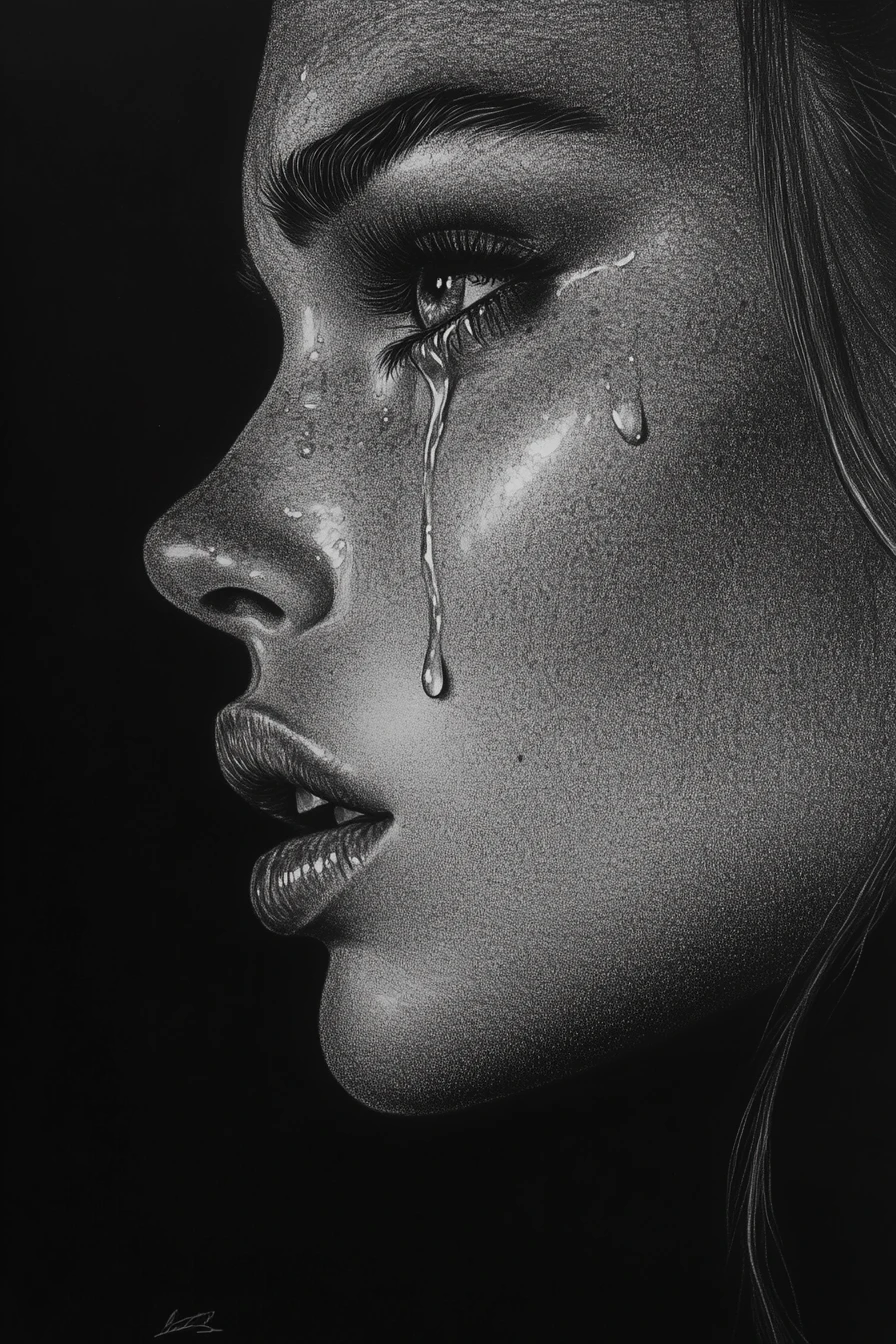 Charcoal profile portrait of a crying woman in close up