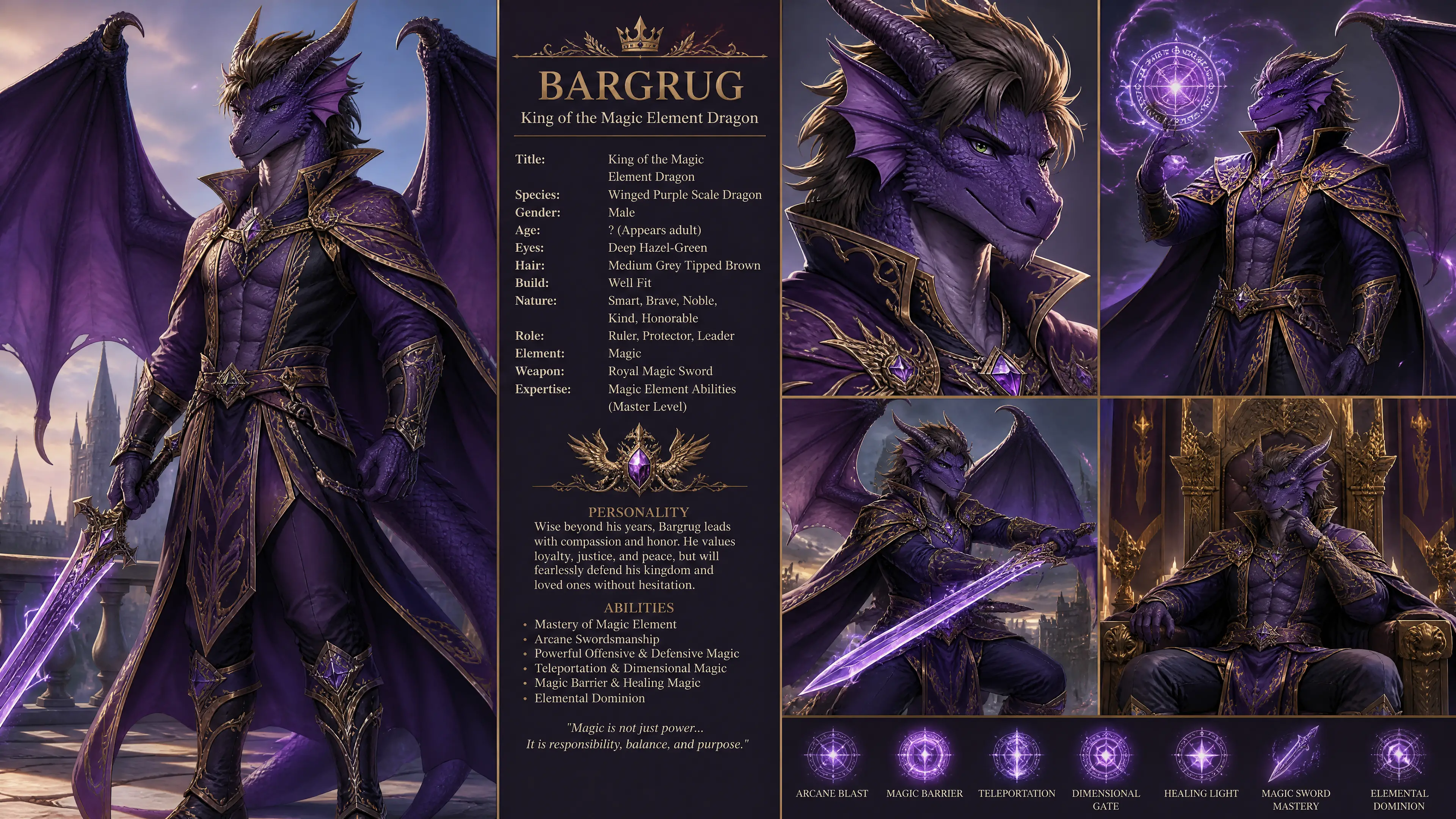 Winged purple dragon king in royal magical garments
