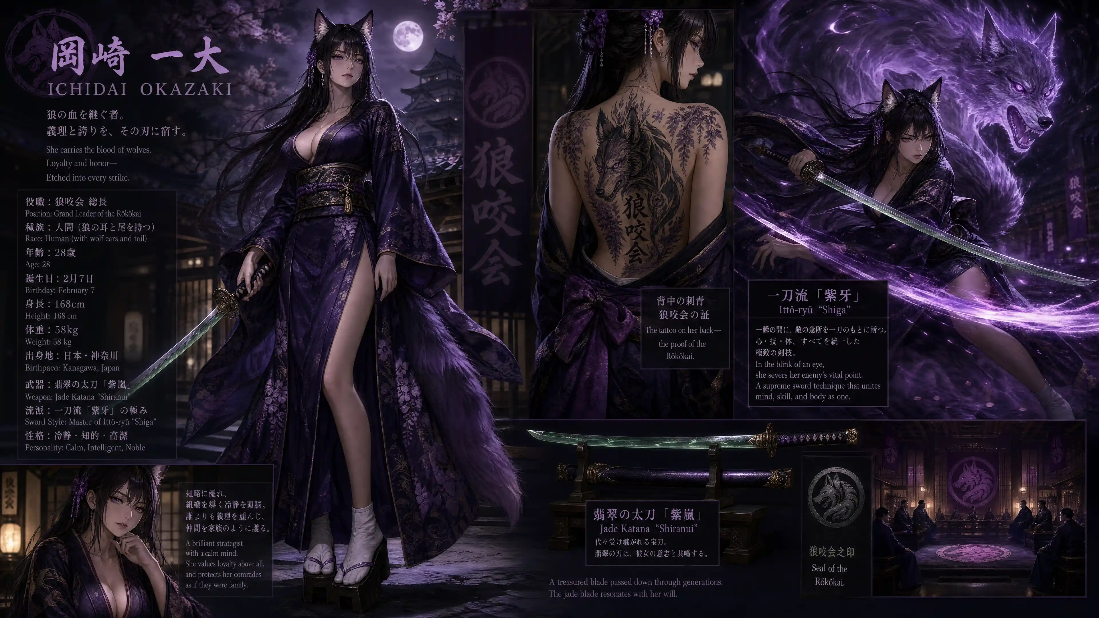 Elegant wolf eared yakuza woman in traditional kimono