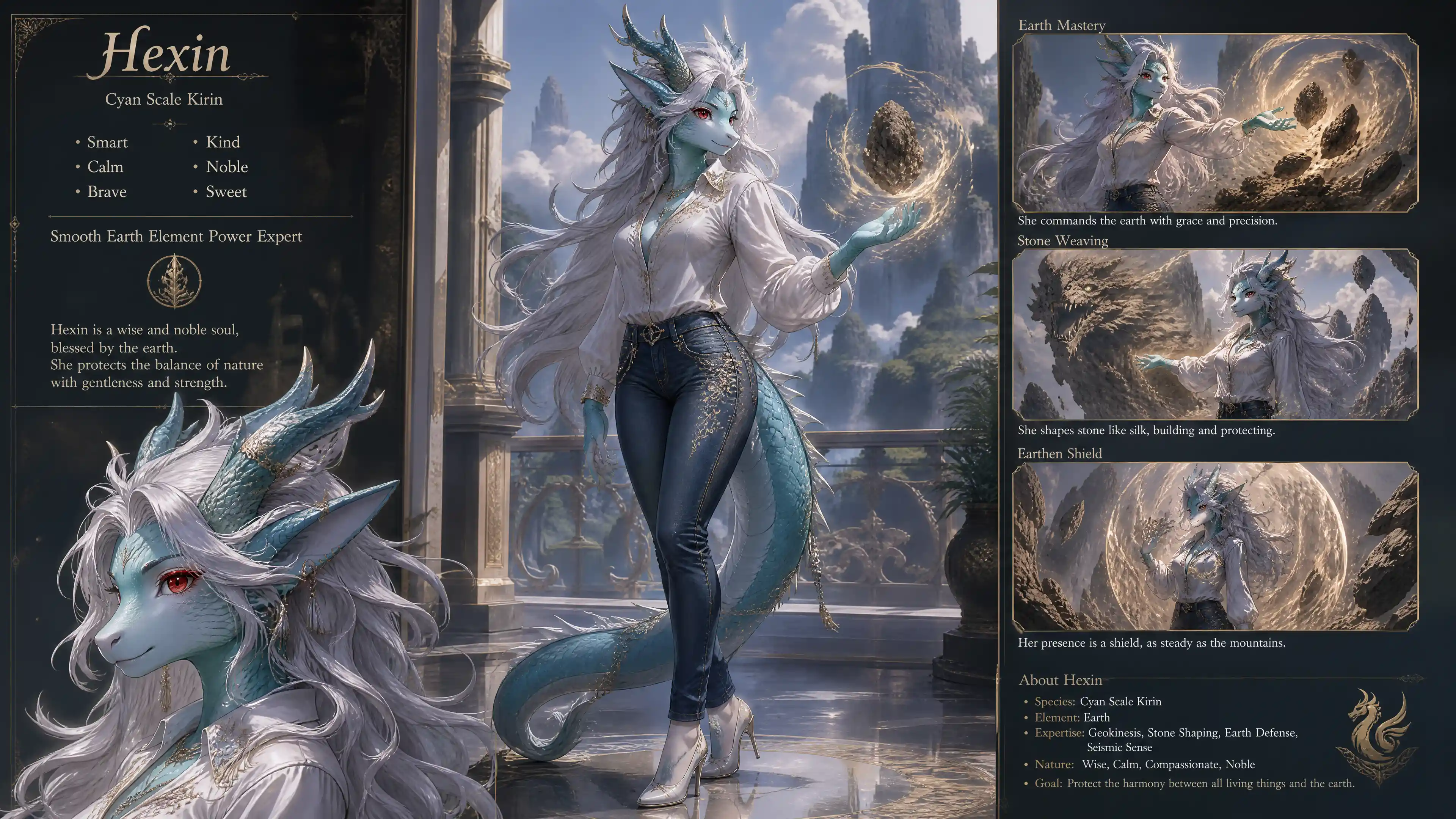Elegant cyan kirin woman with silver hair and red eyes