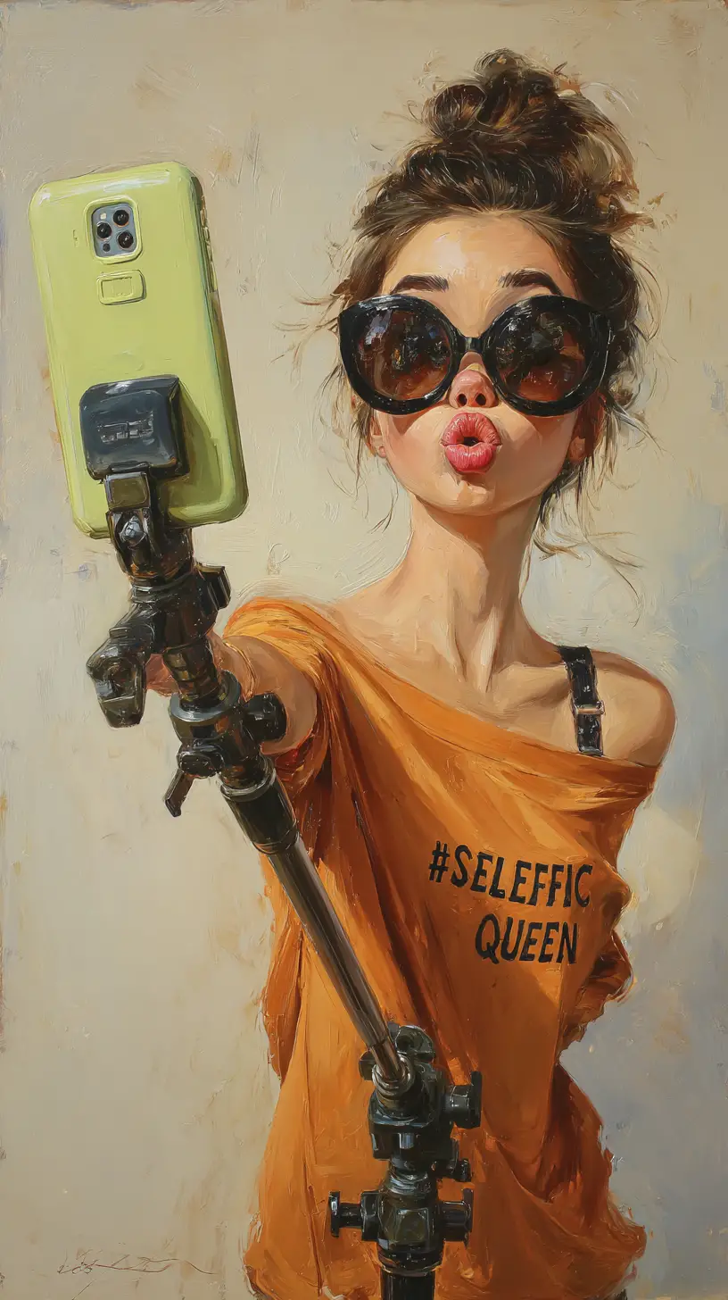 Caricature selfie girl with oversized lips and sunglasses