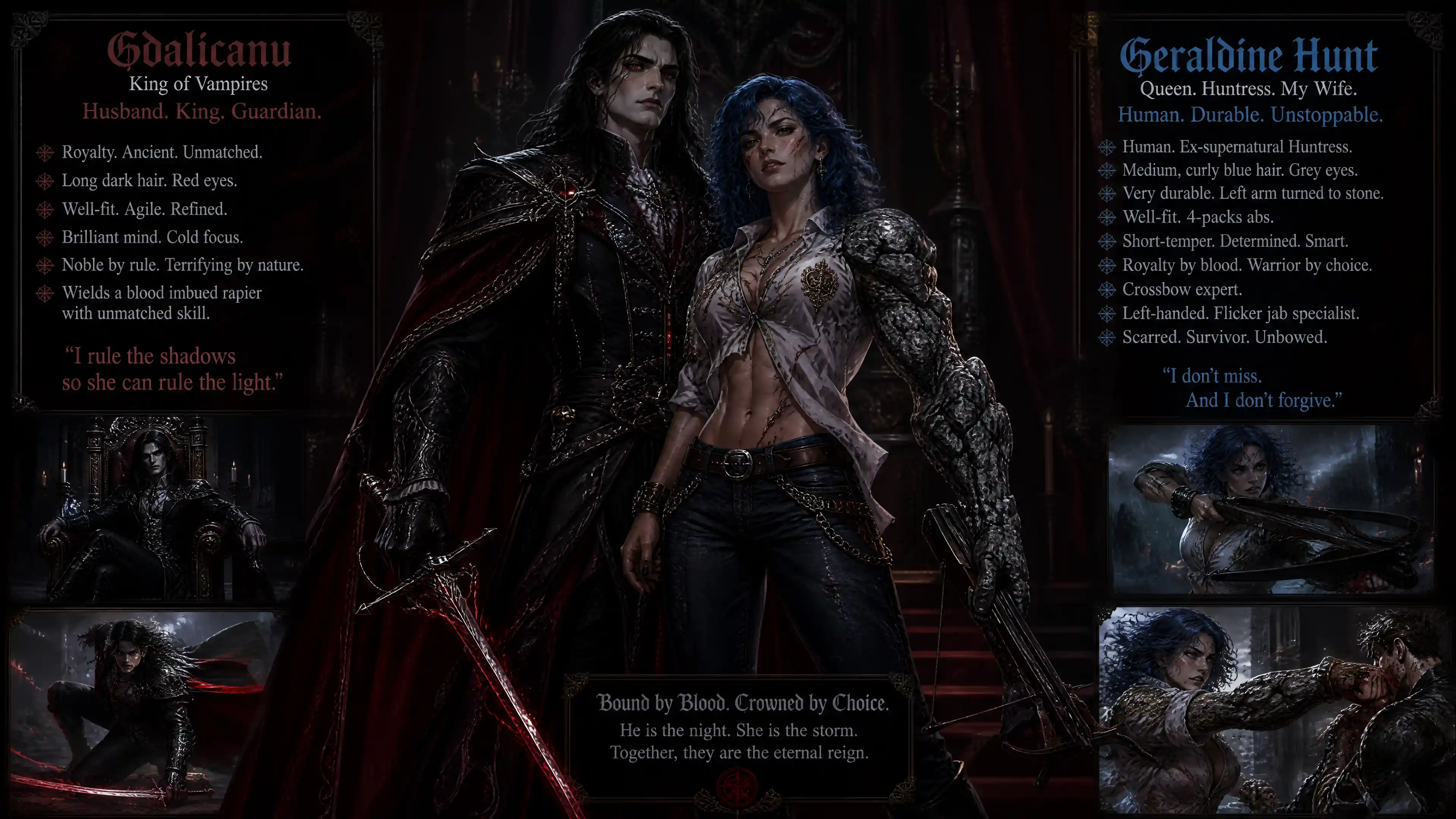 Vampire king with blood rapier beside scarred warrior queen