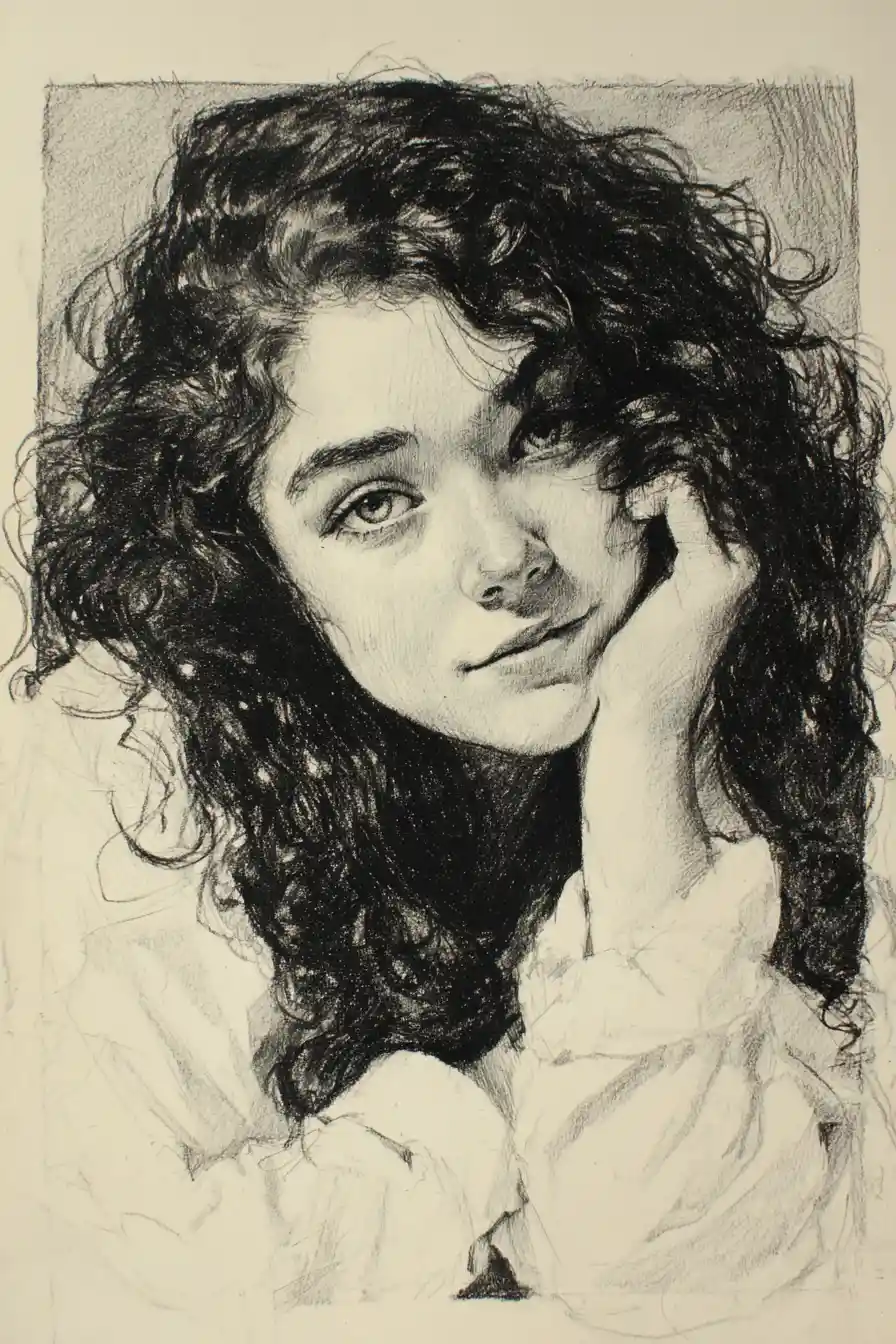 Charcoal pencil portrait of a girl resting on her arms