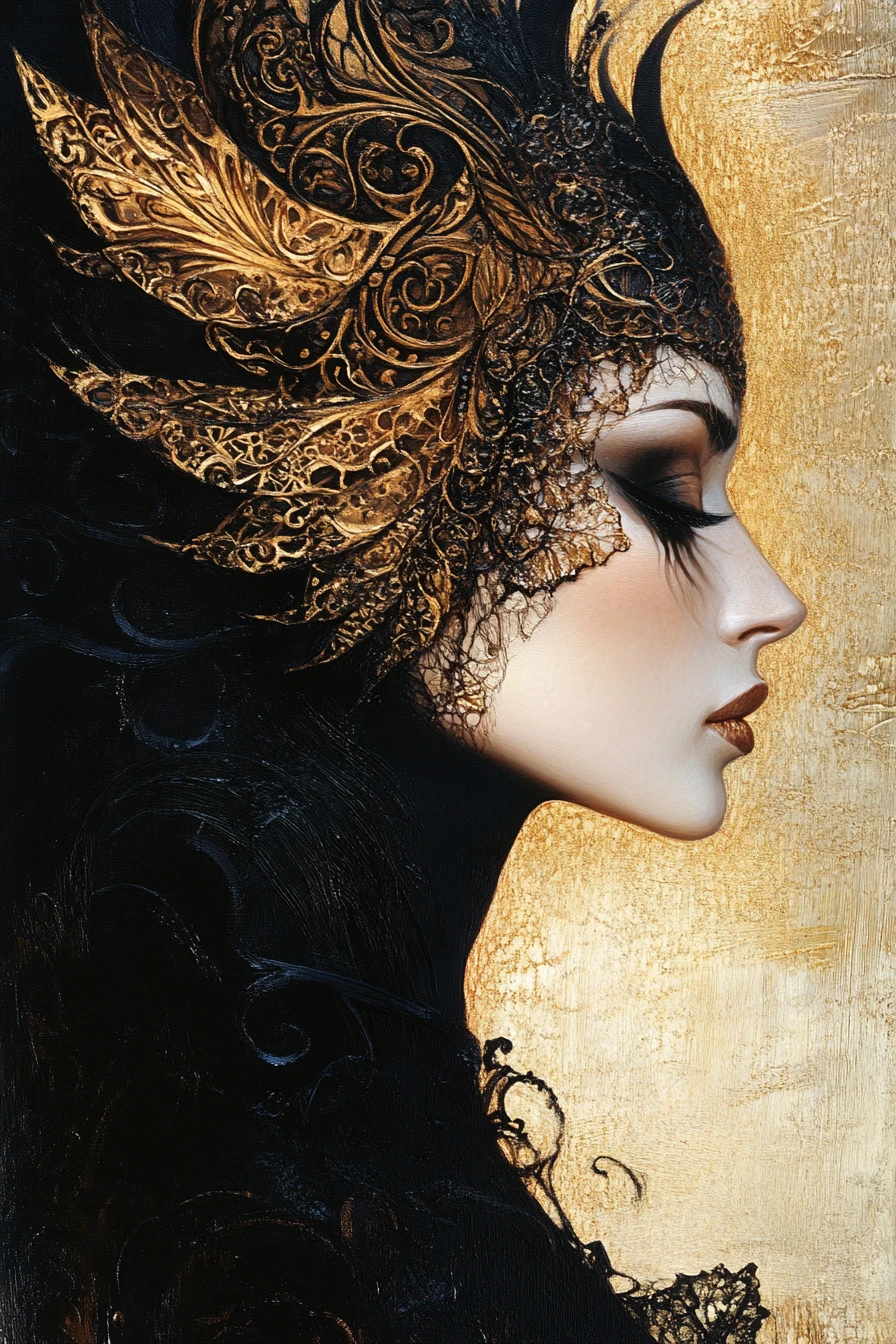 Surreal mythological woman portrait in warm earthy tones