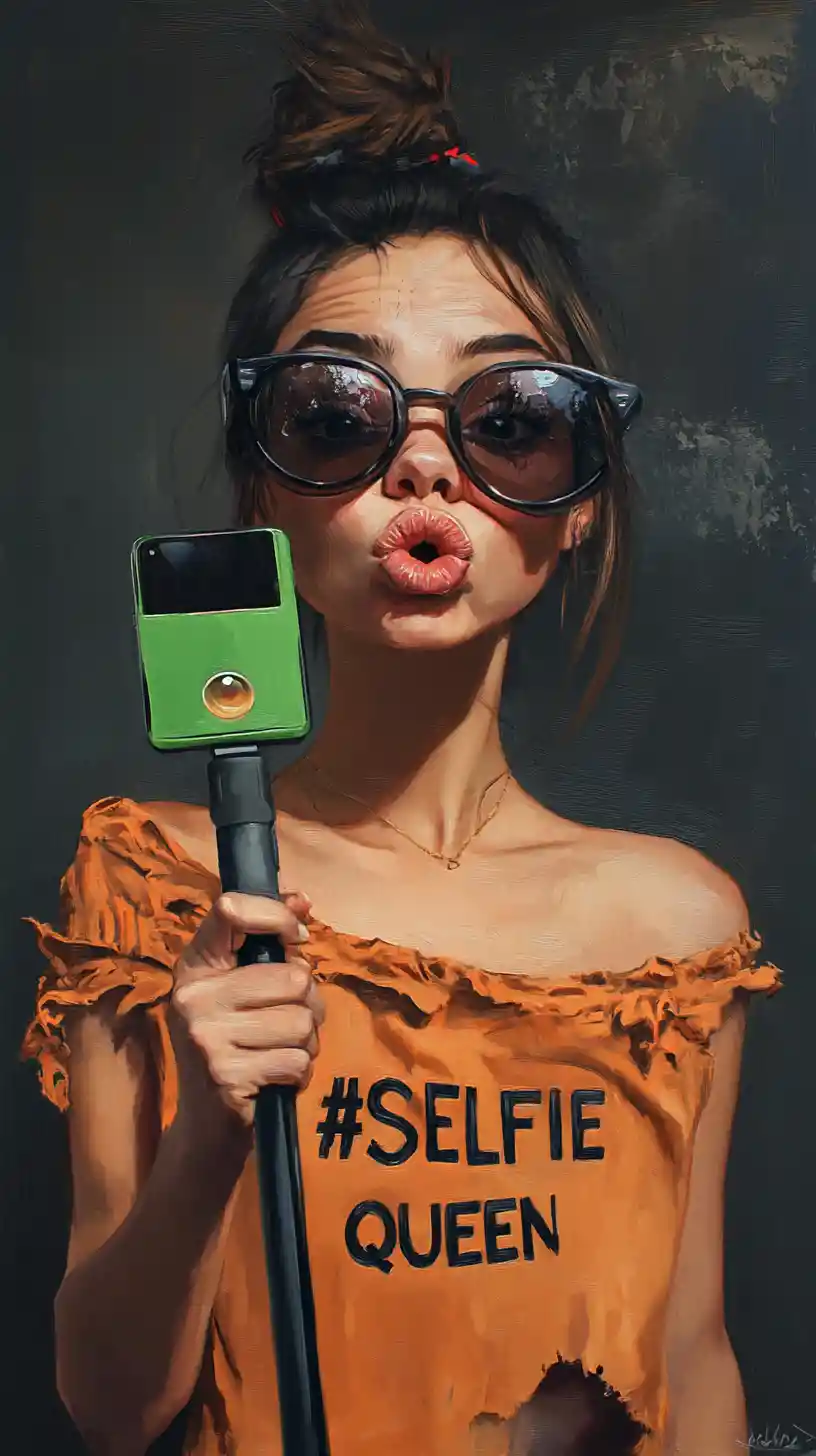 Caricature girl selfie with oversized hand and neon phone