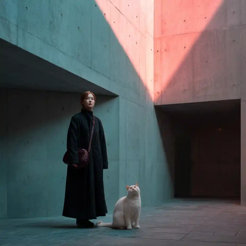 Woman and white cat in a minimalist concrete courtyard