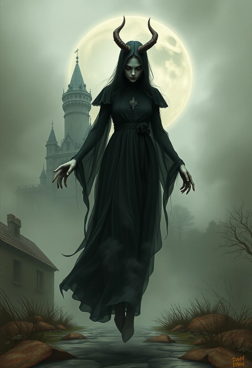 Ghostly Romanian strigoi woman before a haunted castle