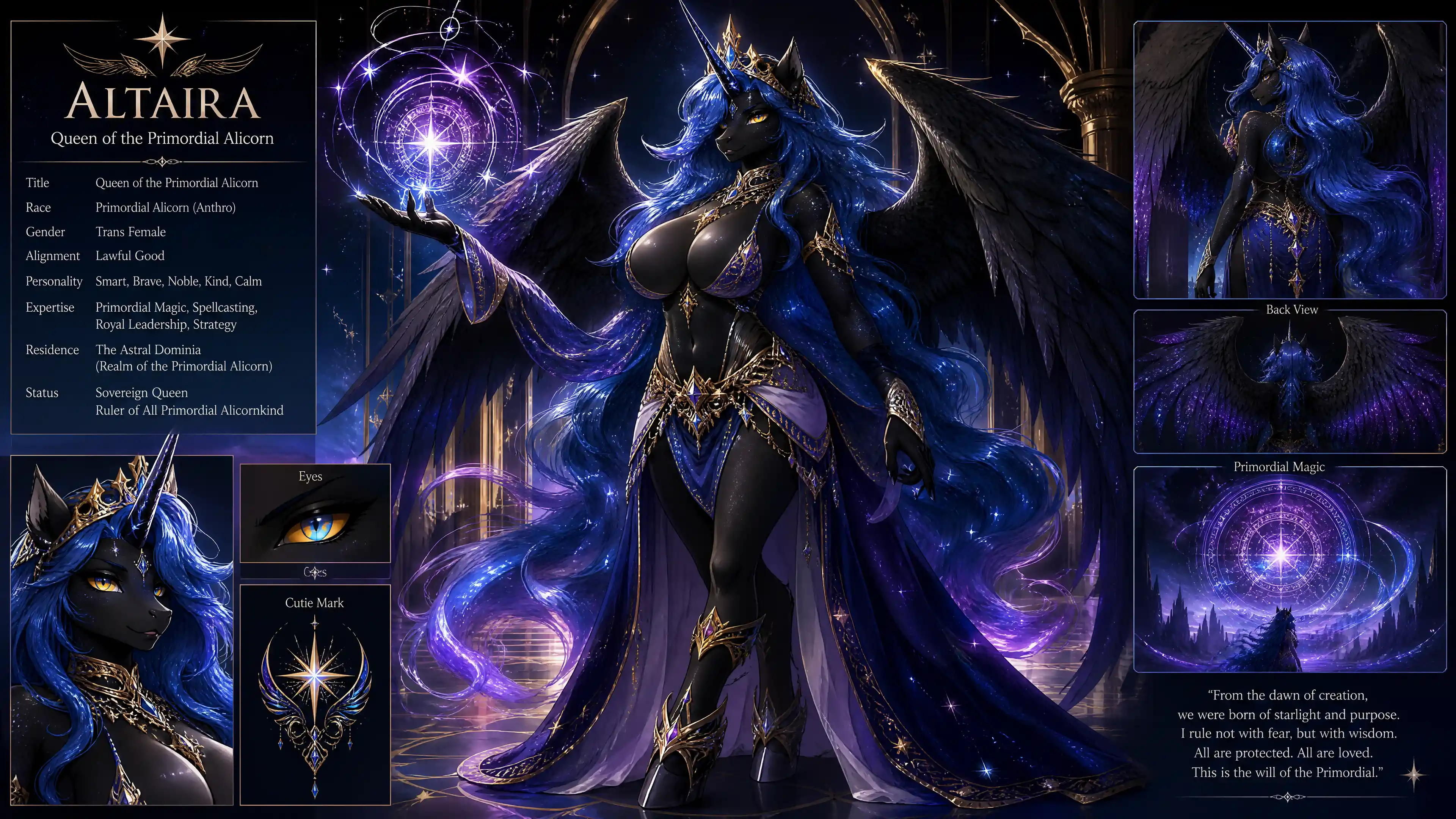 Regal winged alicorn queen with flowing sparkling hair