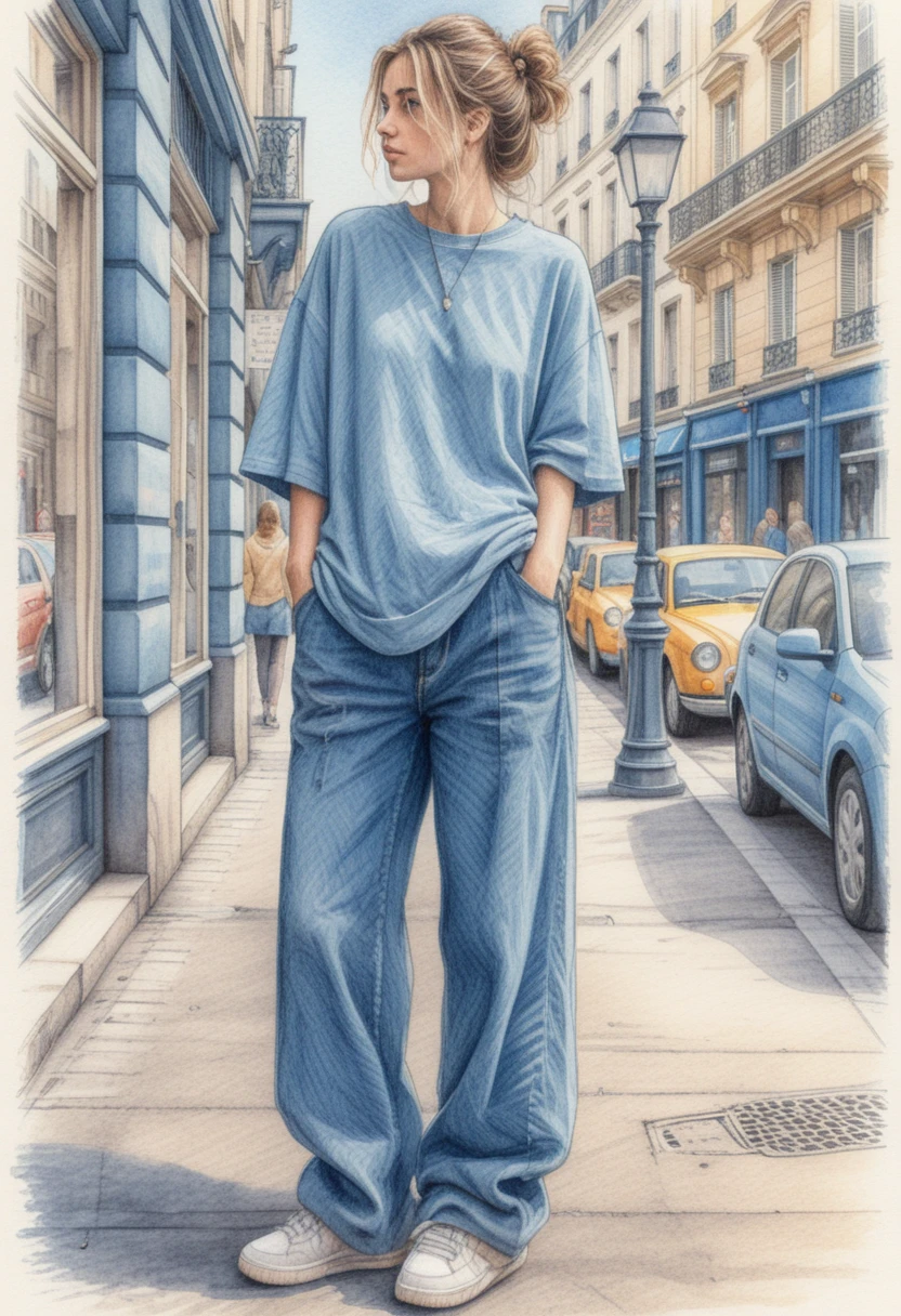 パリの街角でオーバーサイズの服を着た若い女性