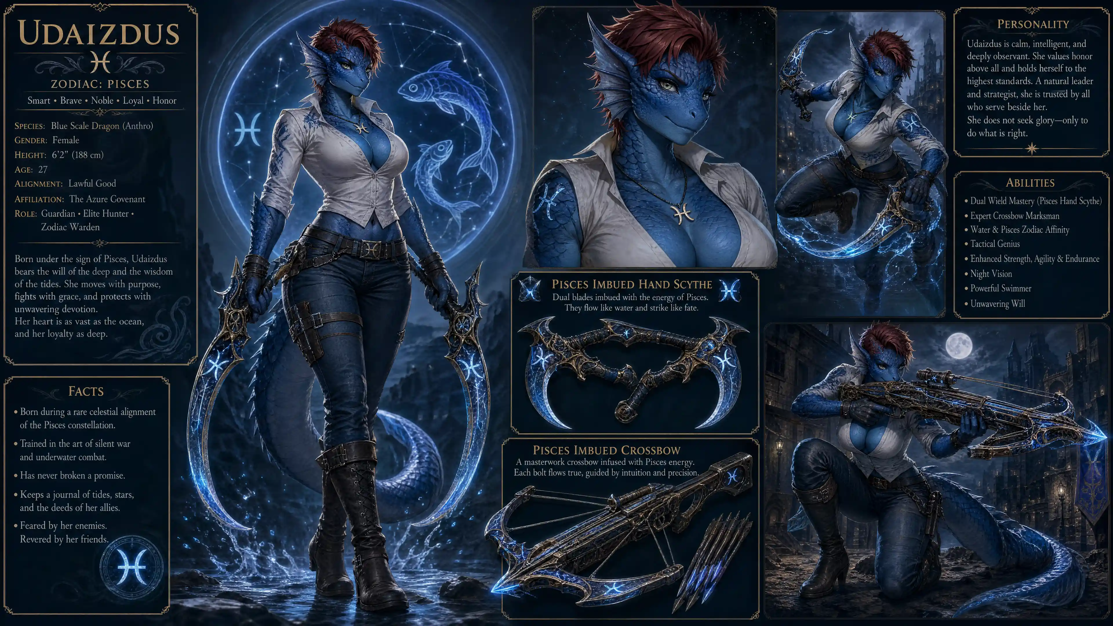 Blue scaled dragon woman in casual clothes with twin weapons