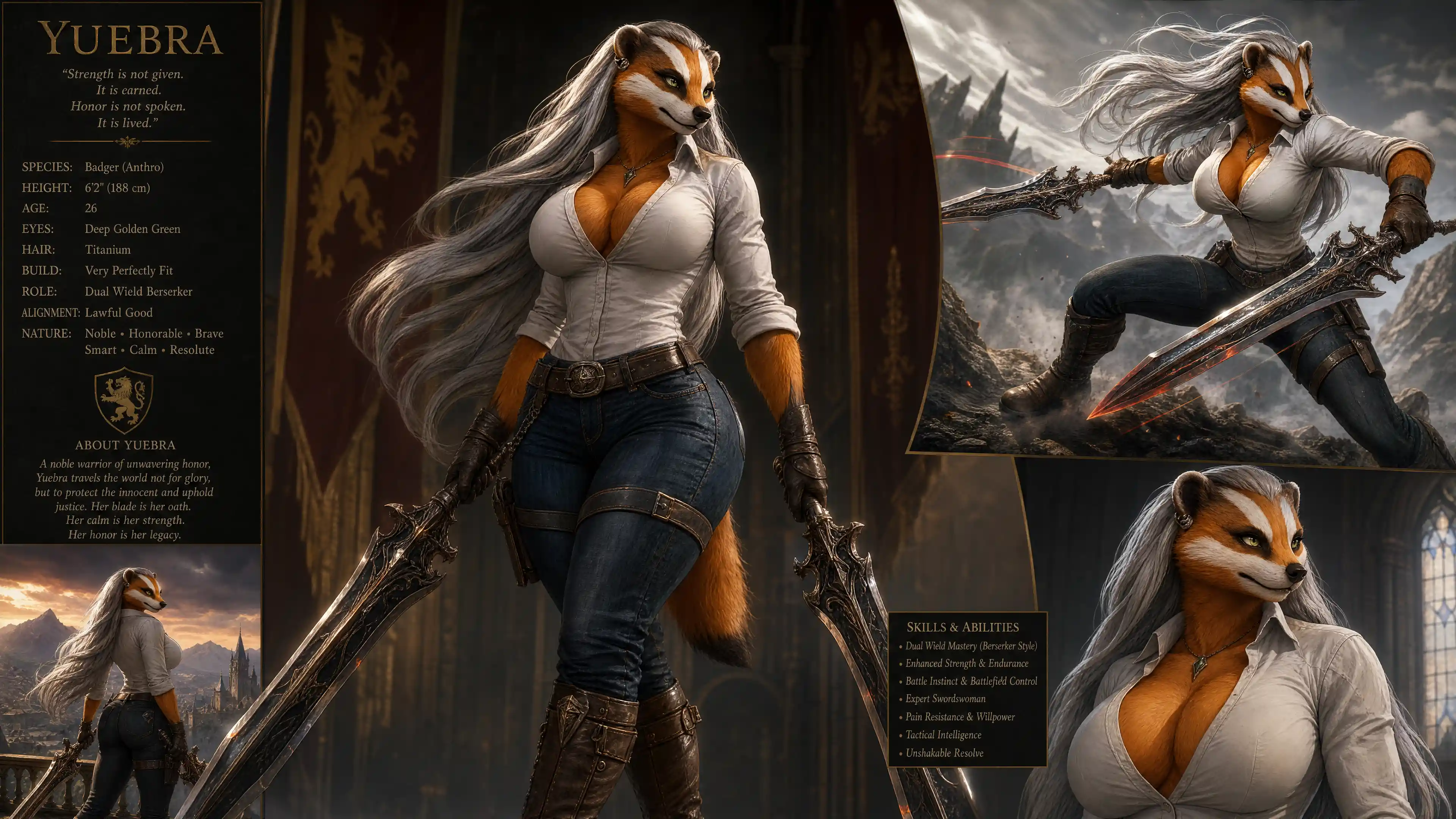 Tall fantasy badger woman warrior with twin swords