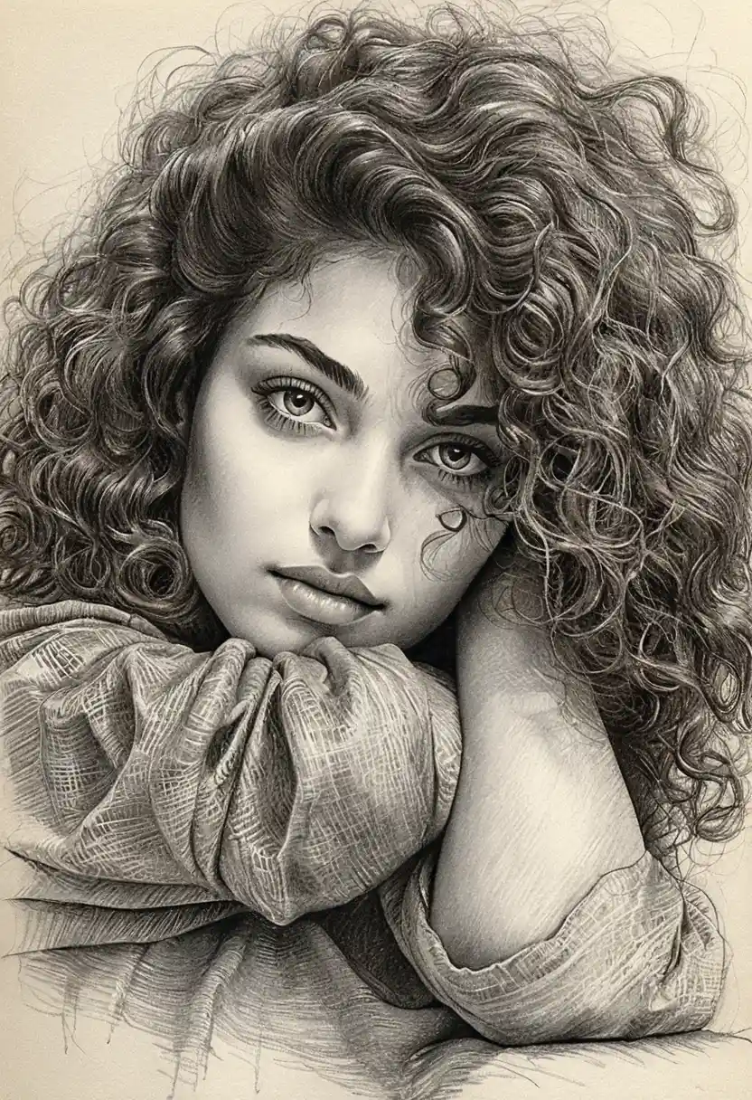 Charcoal pencil portrait of a young woman resting on her arms