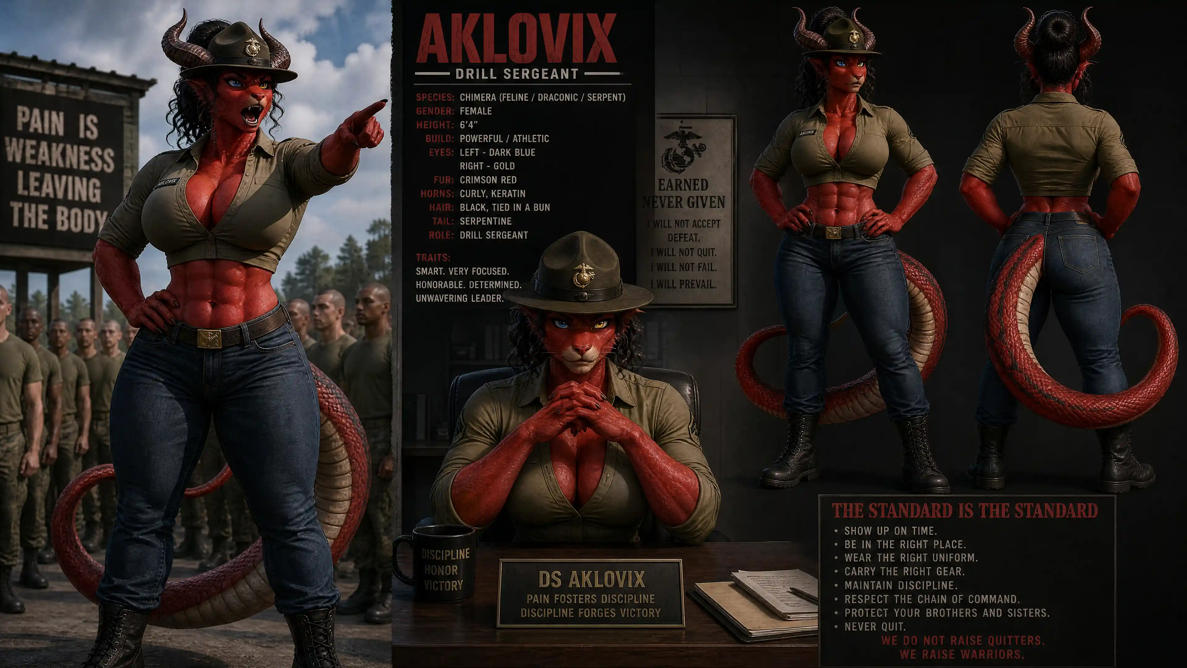 Horned chimera drill sergeant woman with snake tail