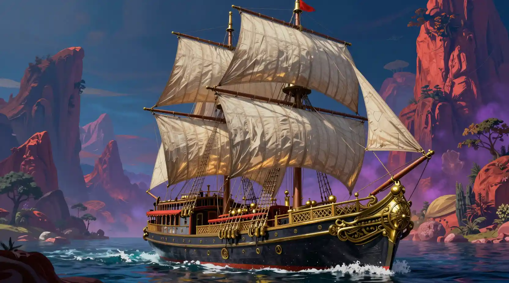 Surreal steamship sailing through a vivid fantasy landscape