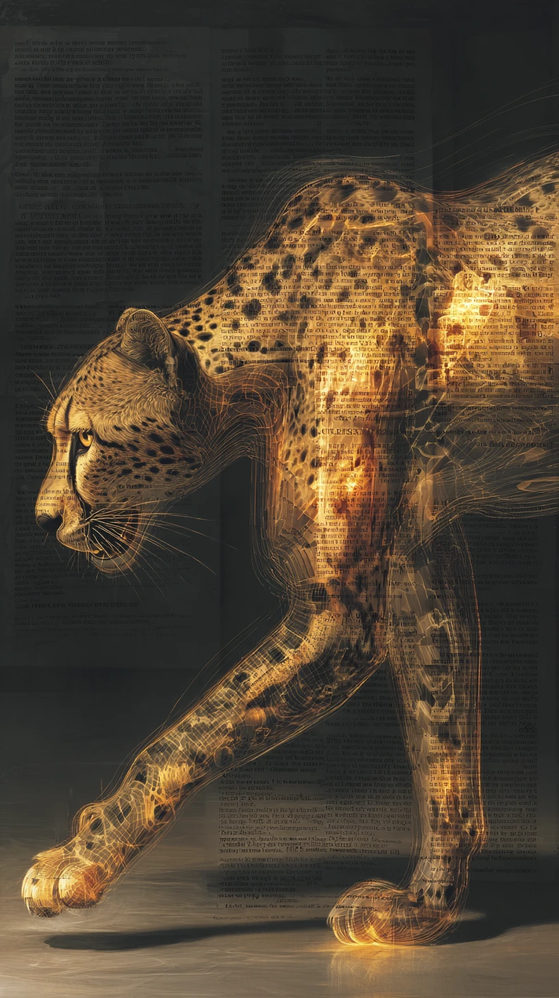Cheetah In Motion Dissolving Into Glowing Abstract Script