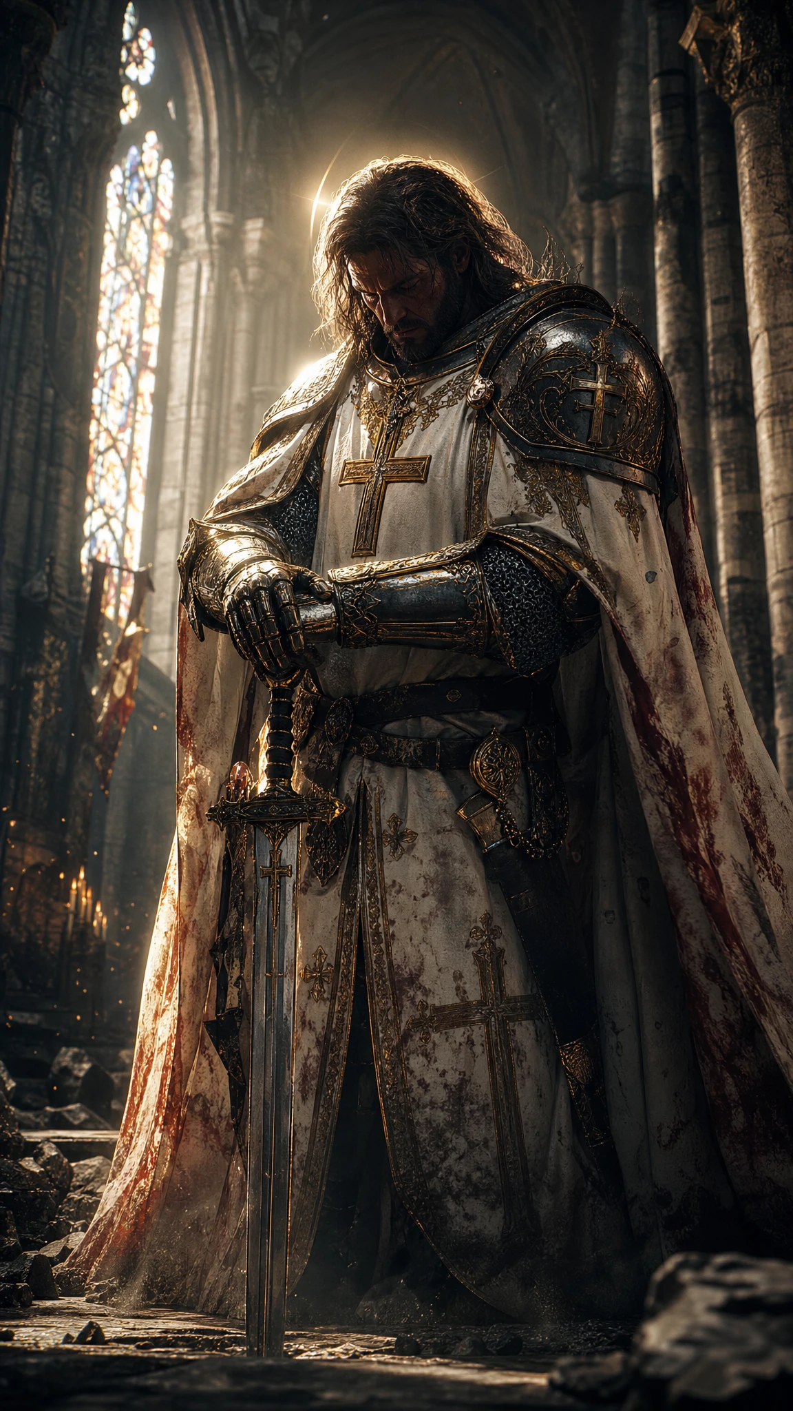 Holy knight in gold armor in a ruined gothic cathedral