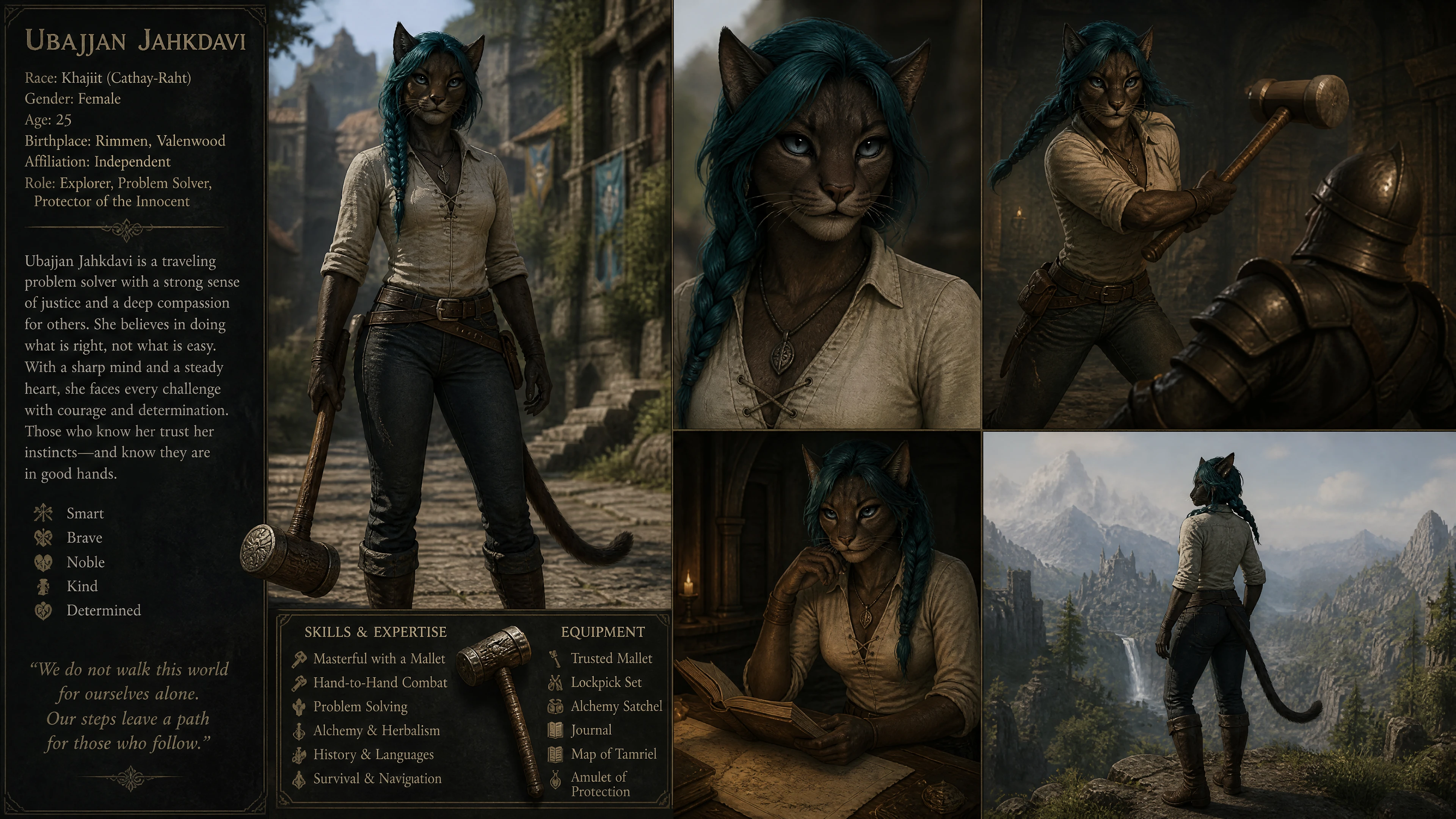 Brave female khajiit with teal braids in casual clothes