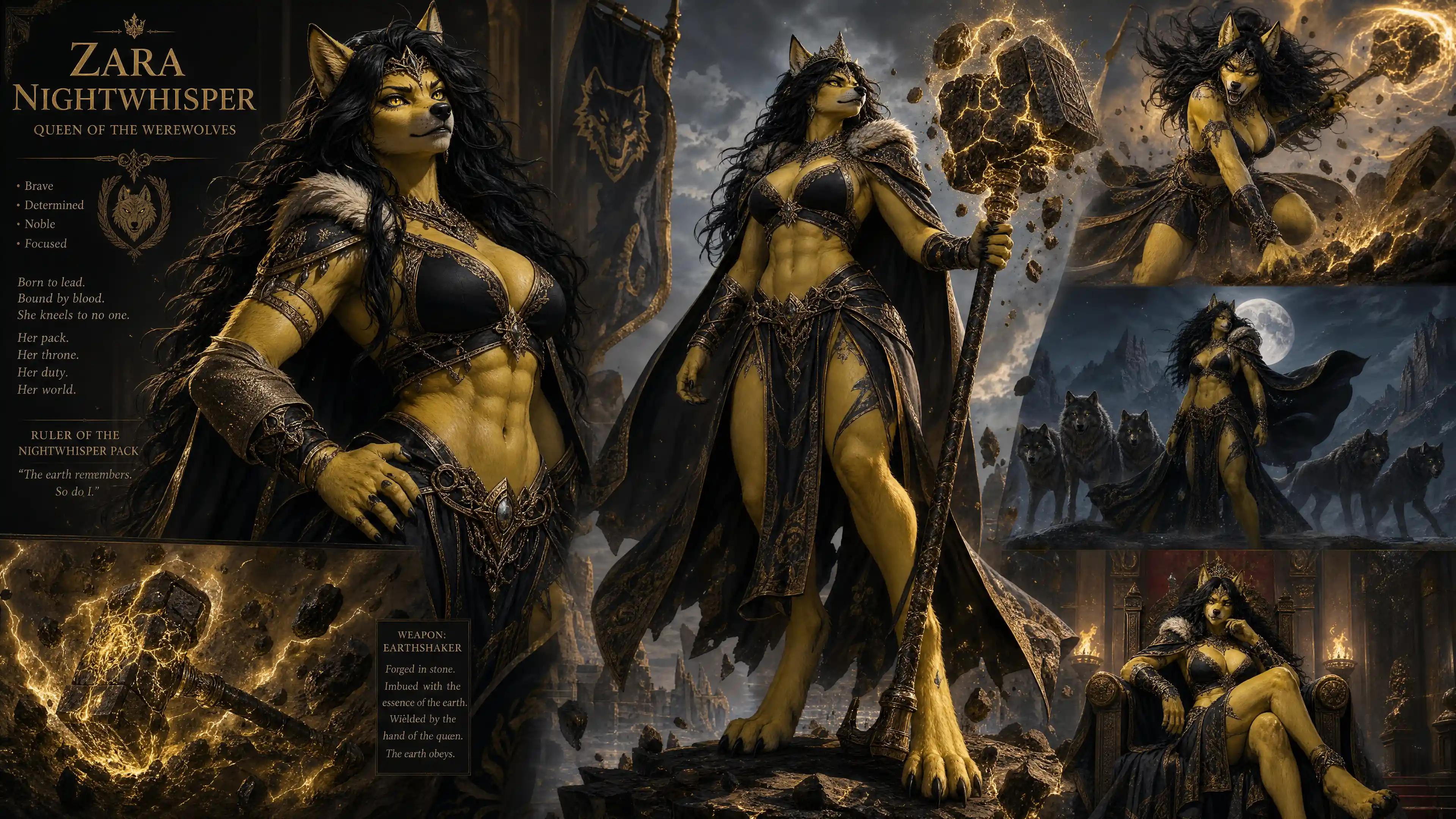 Trans werewolf queen wielding an earth elemental war hammer