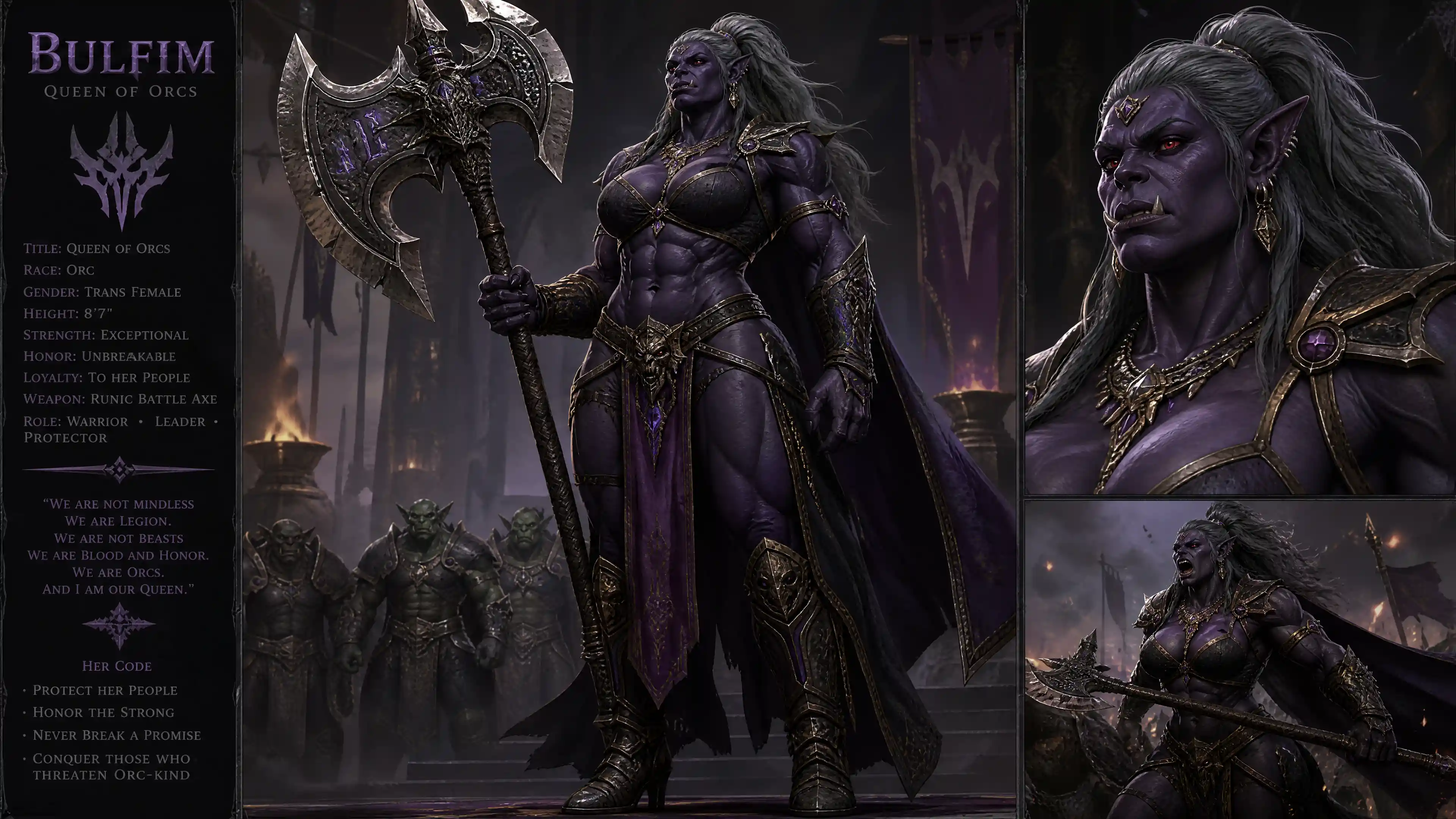 Tall orc queen warrior with royal armor and battle axe