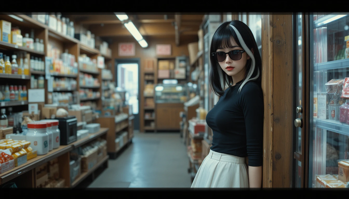 Young girl in sunglasses in a 1970s general store