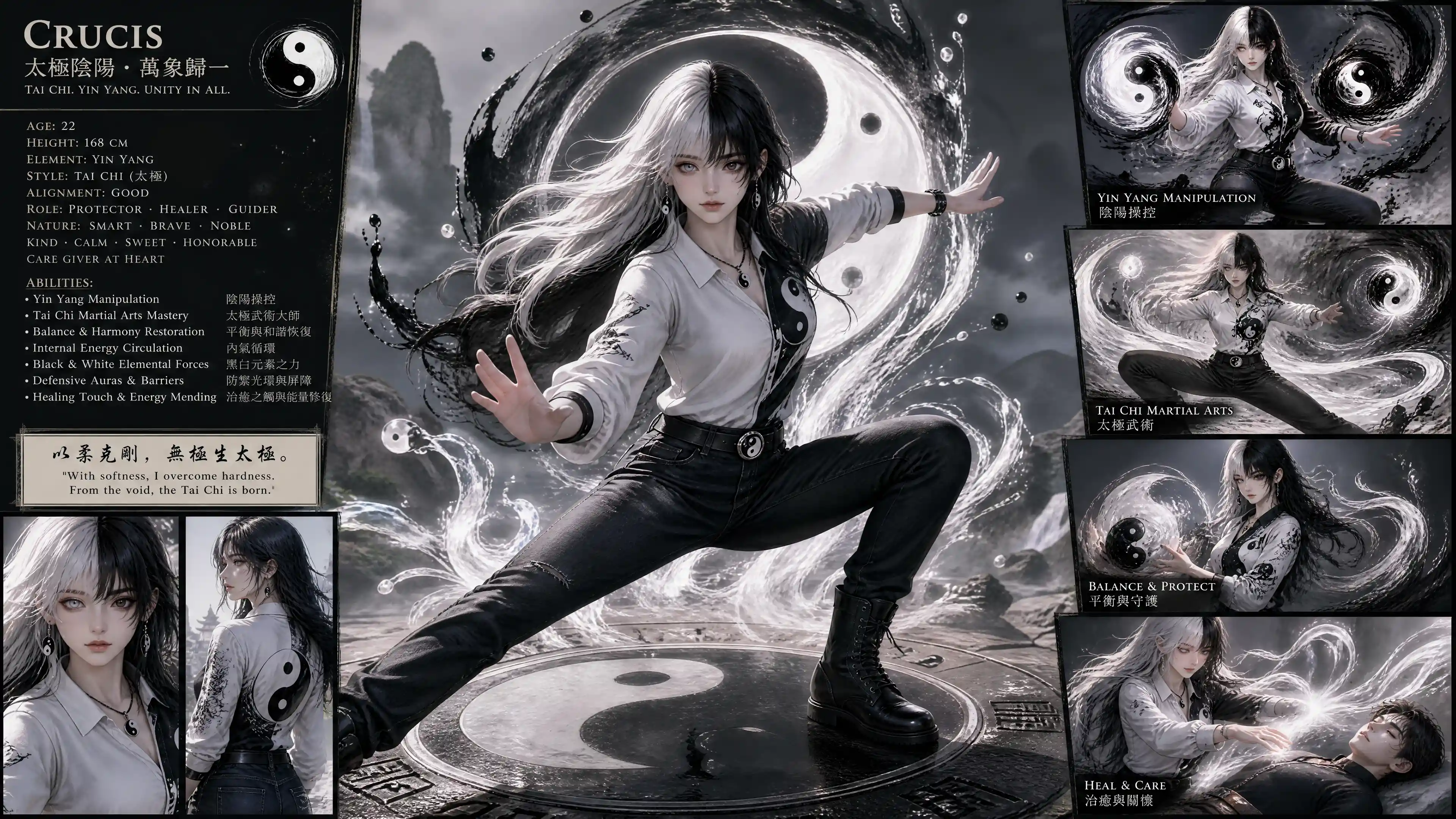 Calm yin yang sorceress with black and white hair